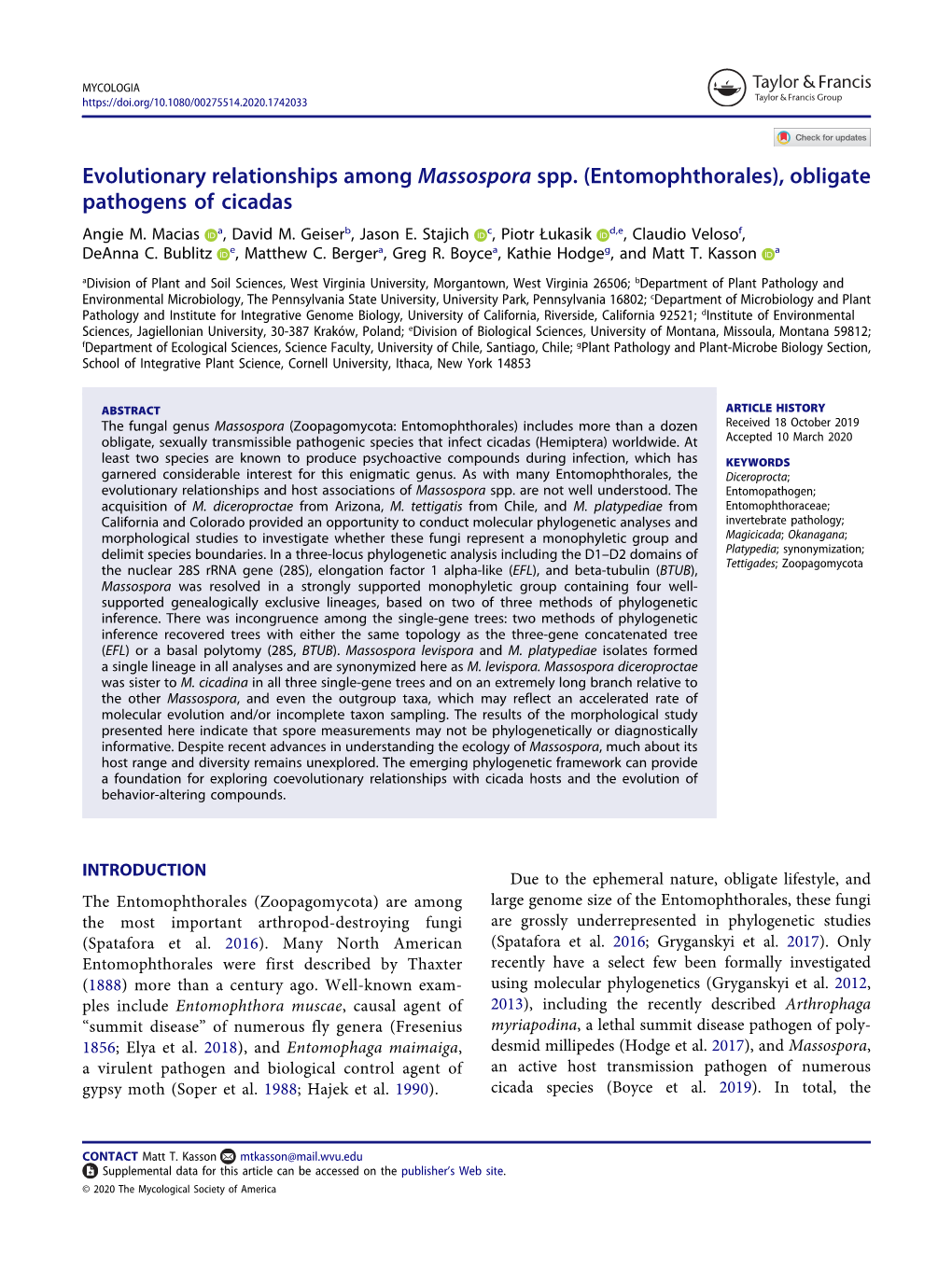 (Entomophthorales), Obligate Pathogens of Cicadas Angie M