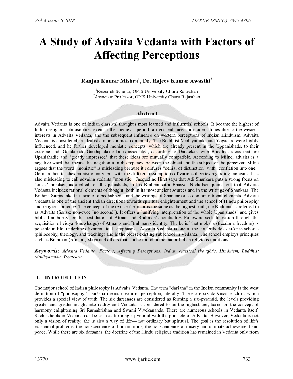 A Study of Advaita Vedanta with Factors of Affecting Perceptions