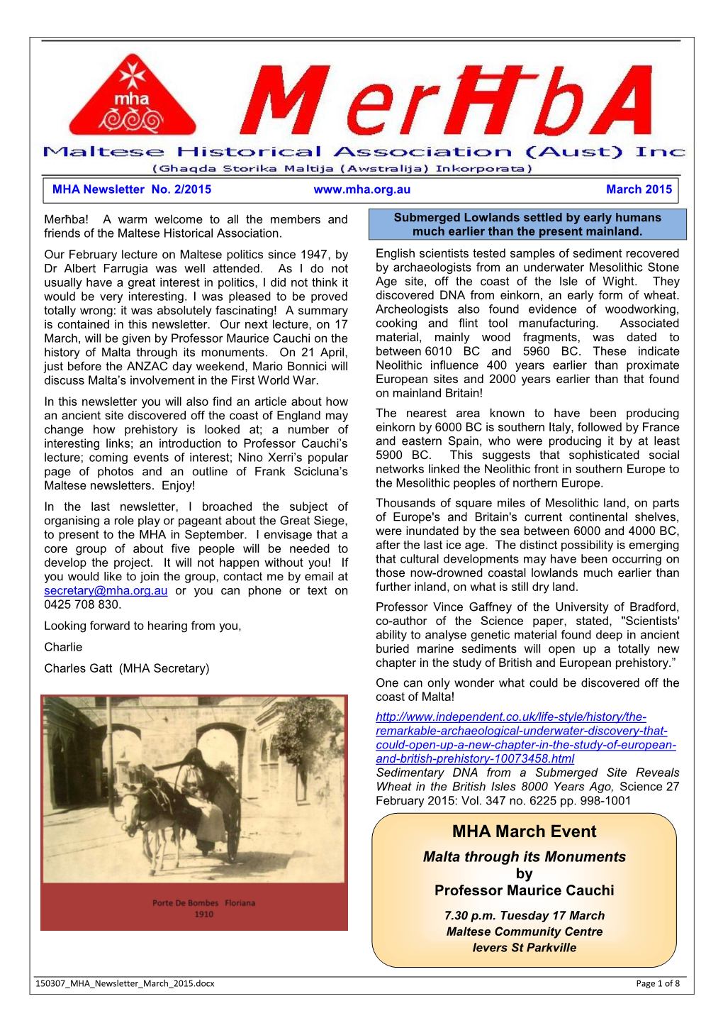 MHA Newsletter March 2015