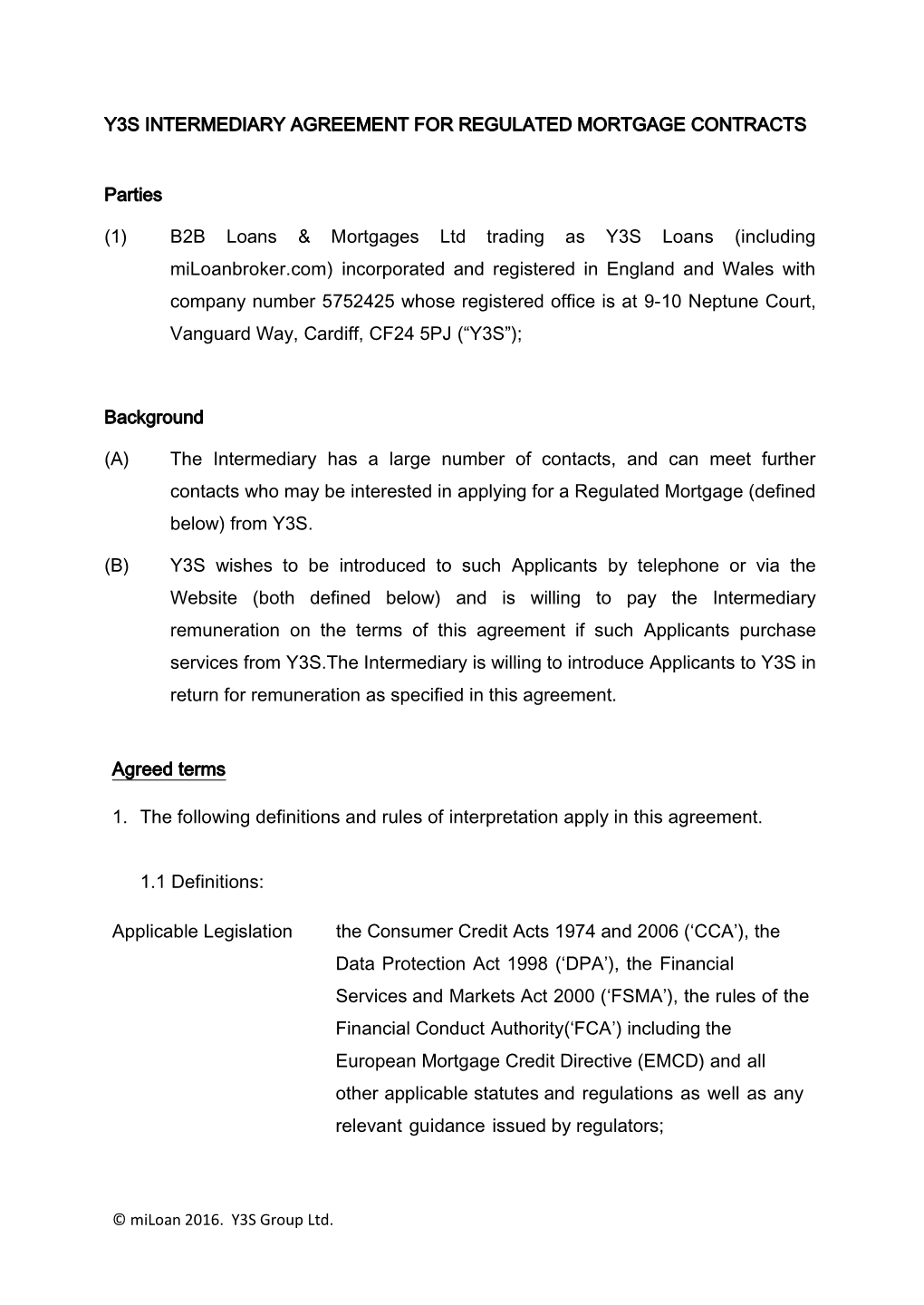 Y3s Intermediary Agreement for Regulated Mortgage Contracts