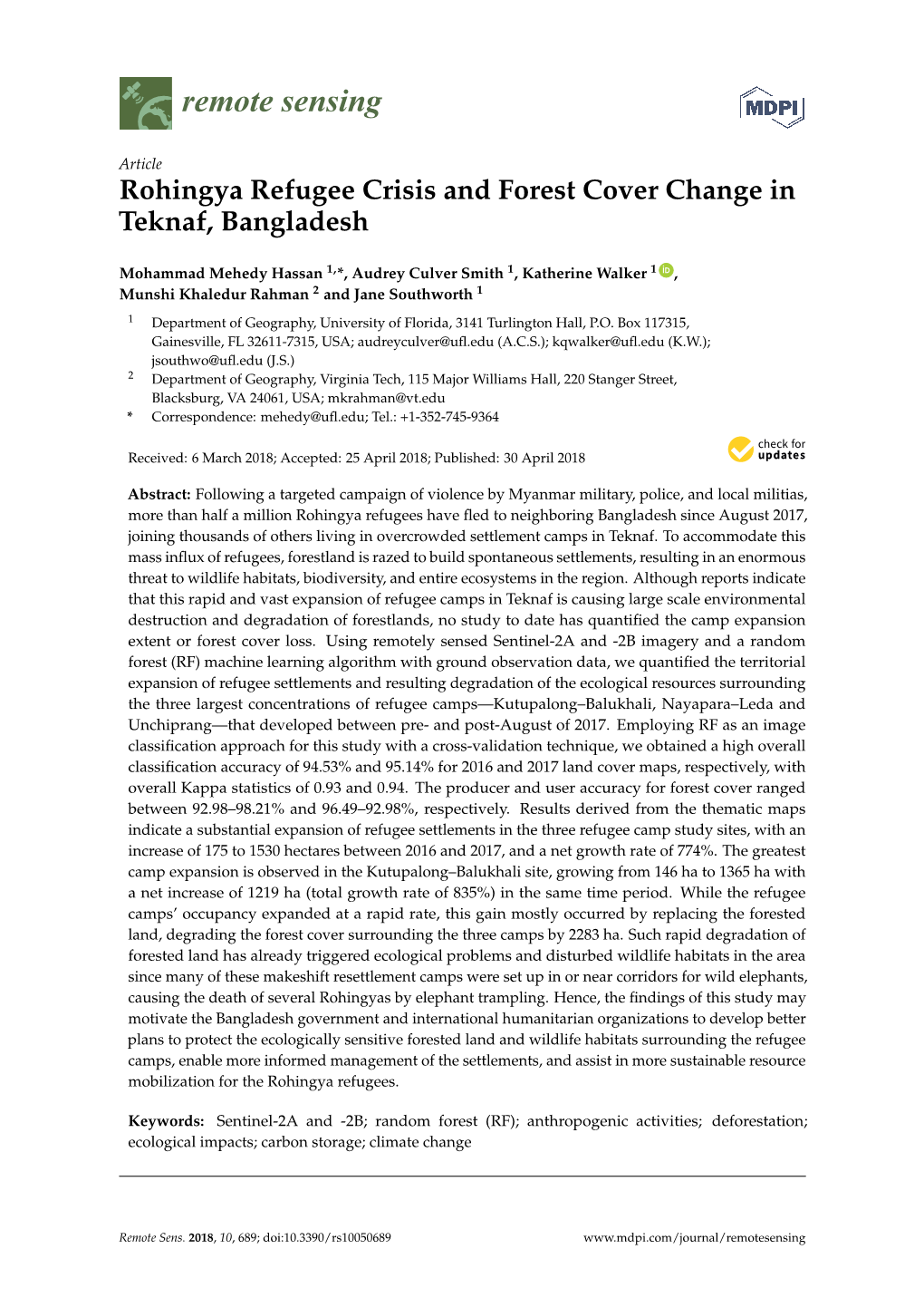 Rohingya Refugee Crisis and Forest Cover Change in Teknaf, Bangladesh