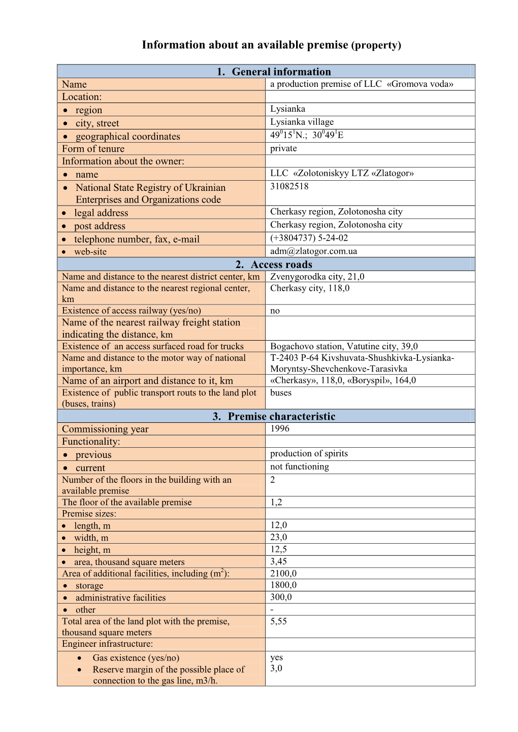 Information About an Available Premise (Property)