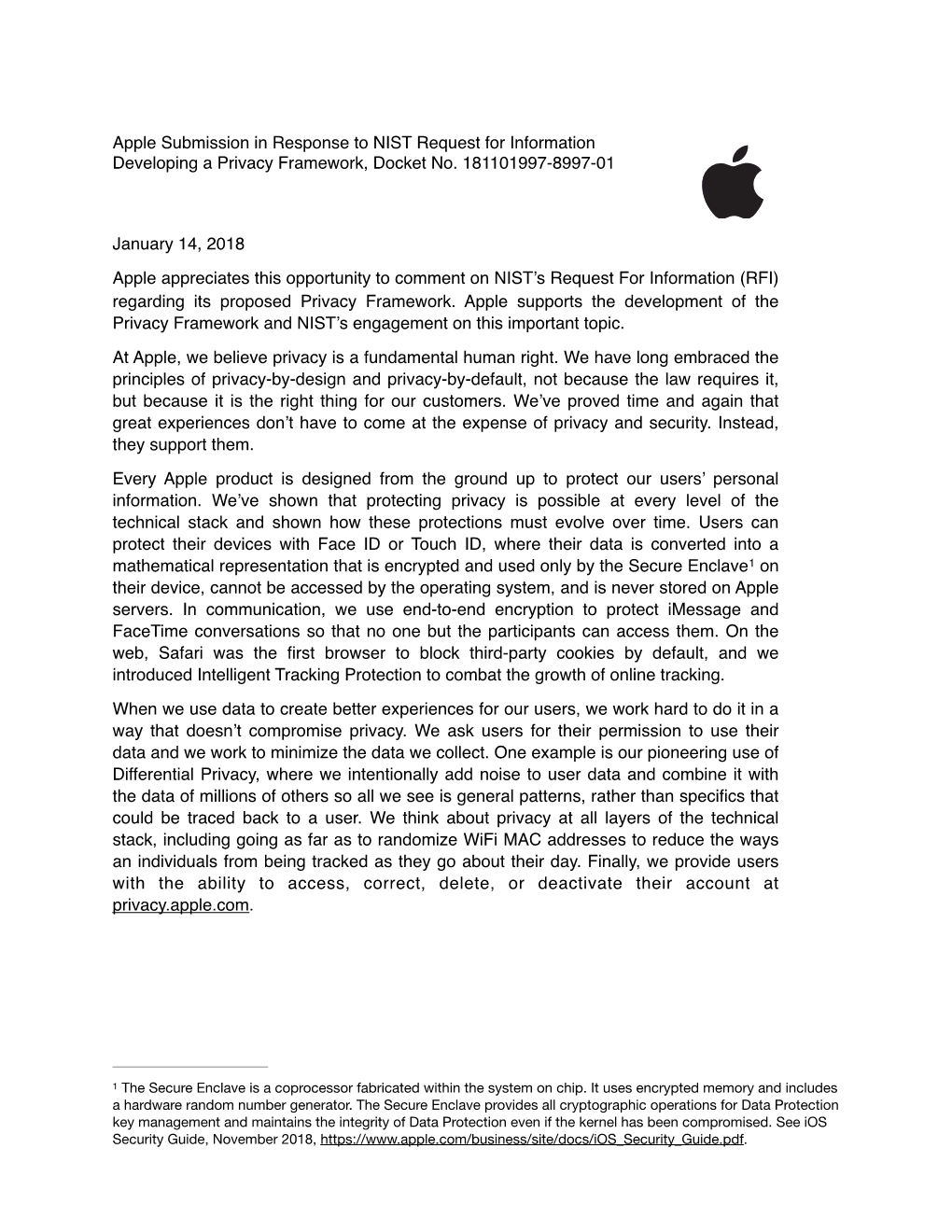 Apple Submission NIST RFI Privacy Framework