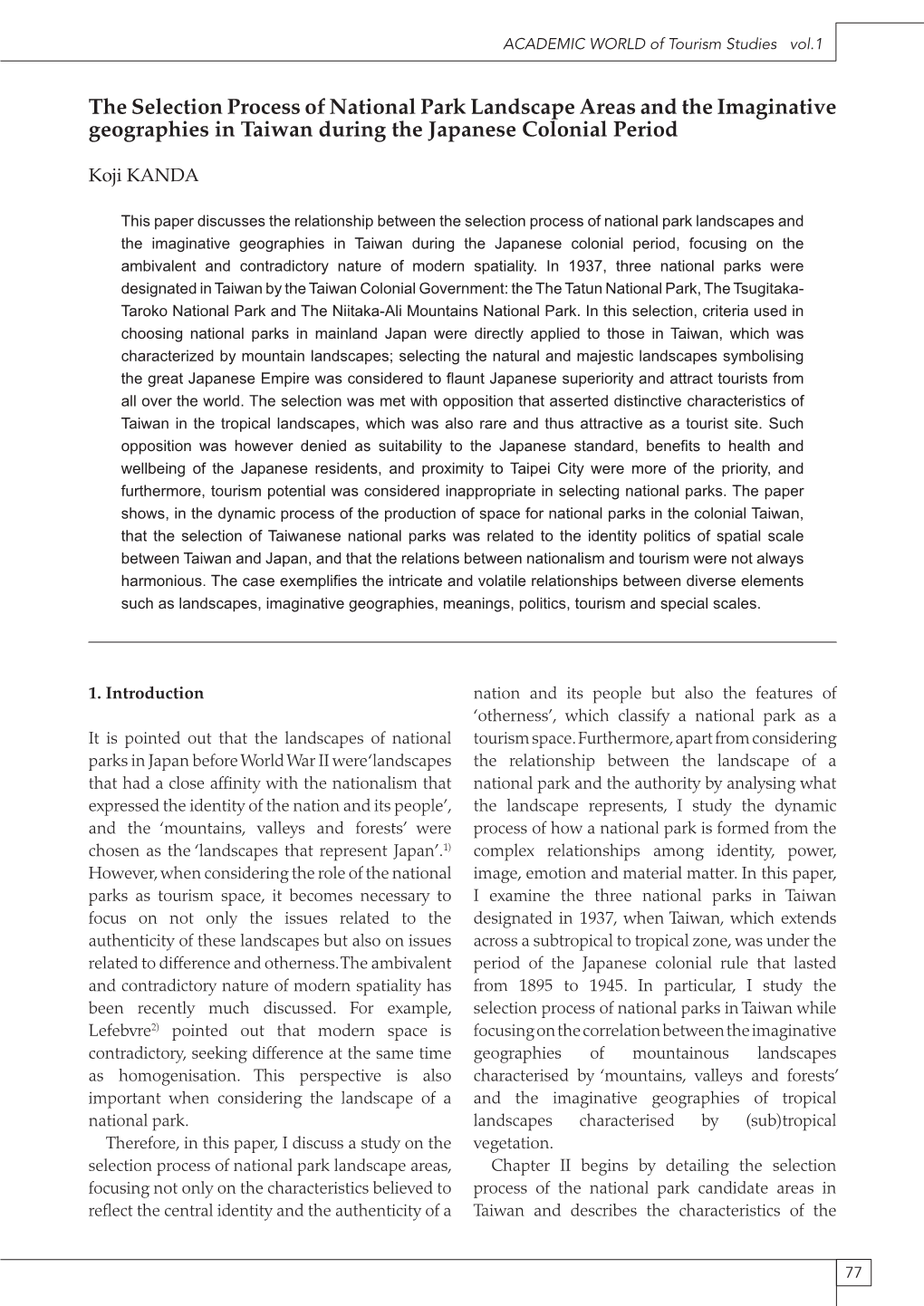 The Selection Process of National Park Landscape Areas and the Imaginative Geographies in Taiwan During the Japanese Colonial Period