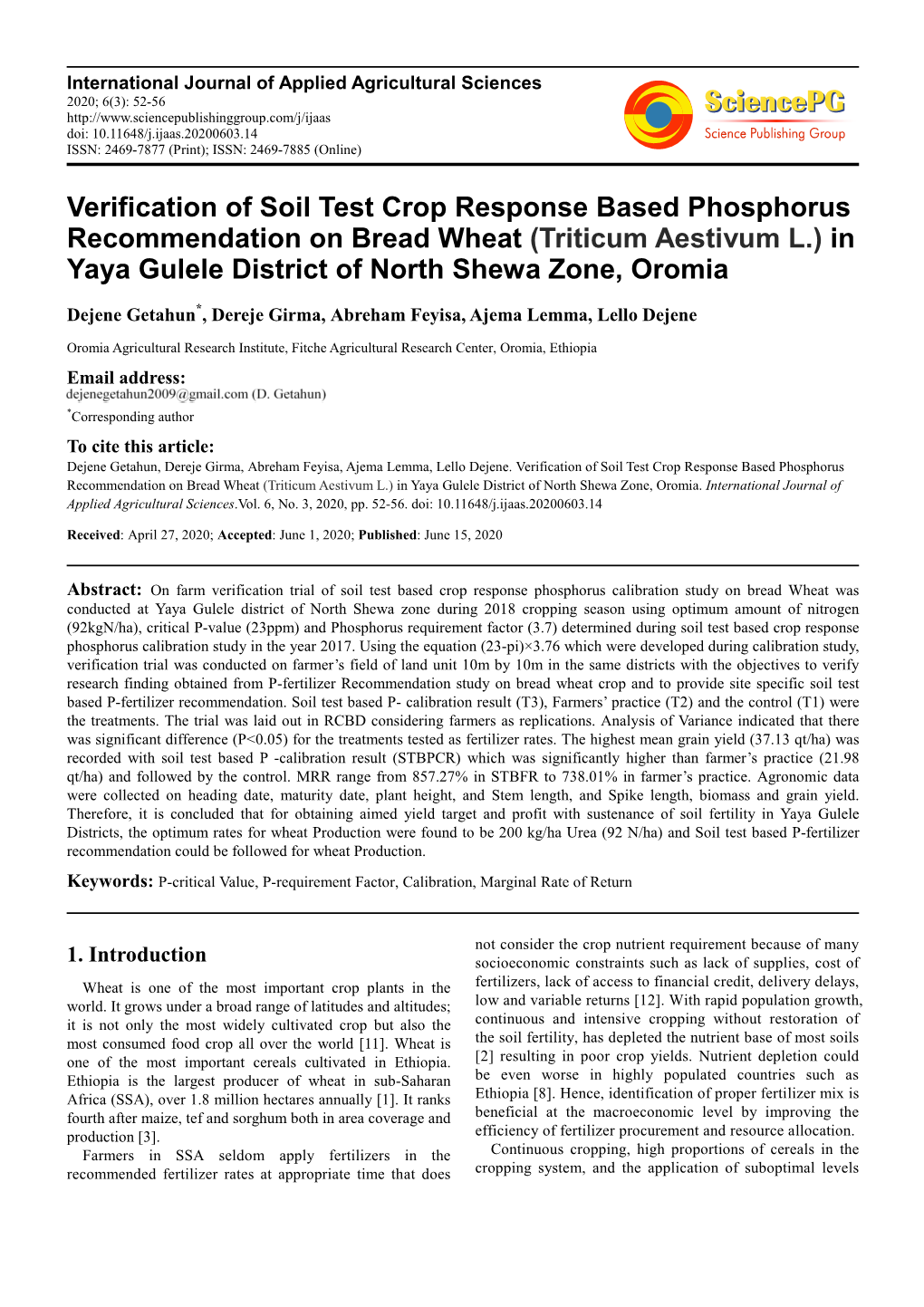 (Triticum Aestivum L.) in Yaya Gulele District of North Shewa Zone, Oromia