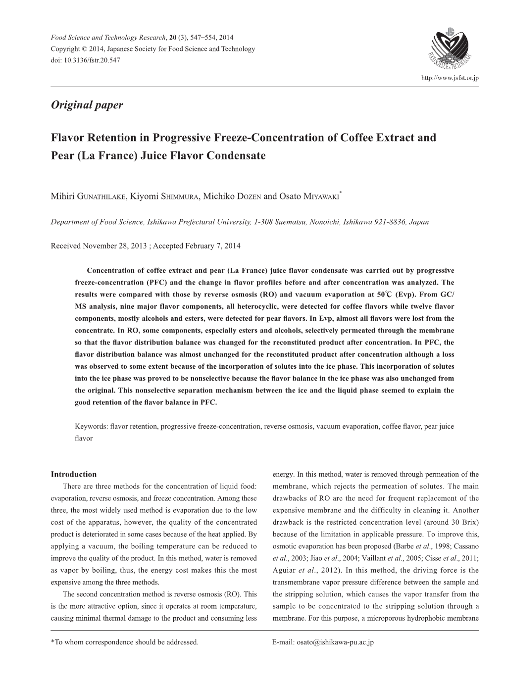 Original Paper Flavor Retention in Progressive Freeze