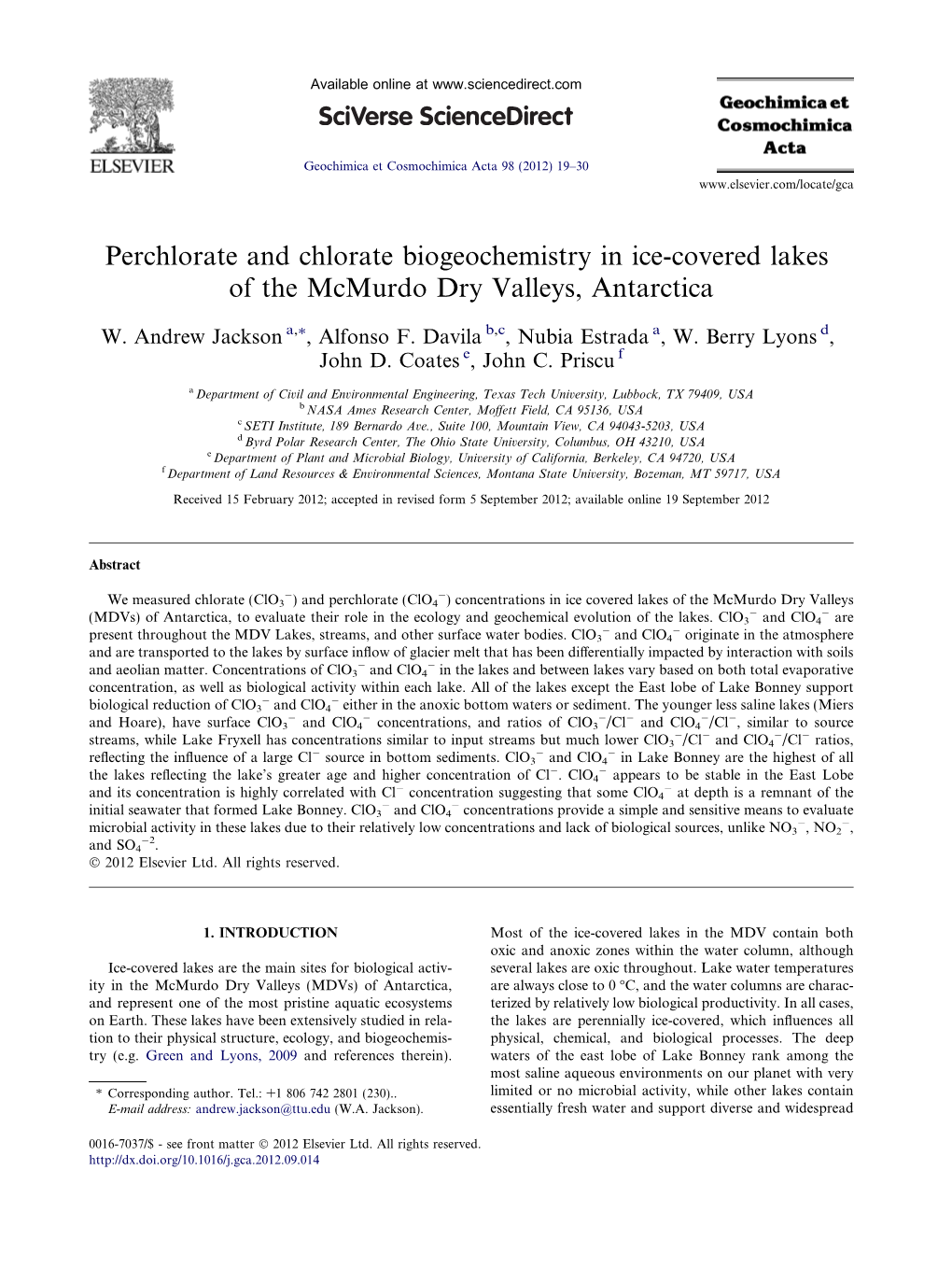 Perchlorate and Chlorate Biogeochemistry in Ice-Covered Lakes of the Mcmurdo Dry Valleys, Antarctica