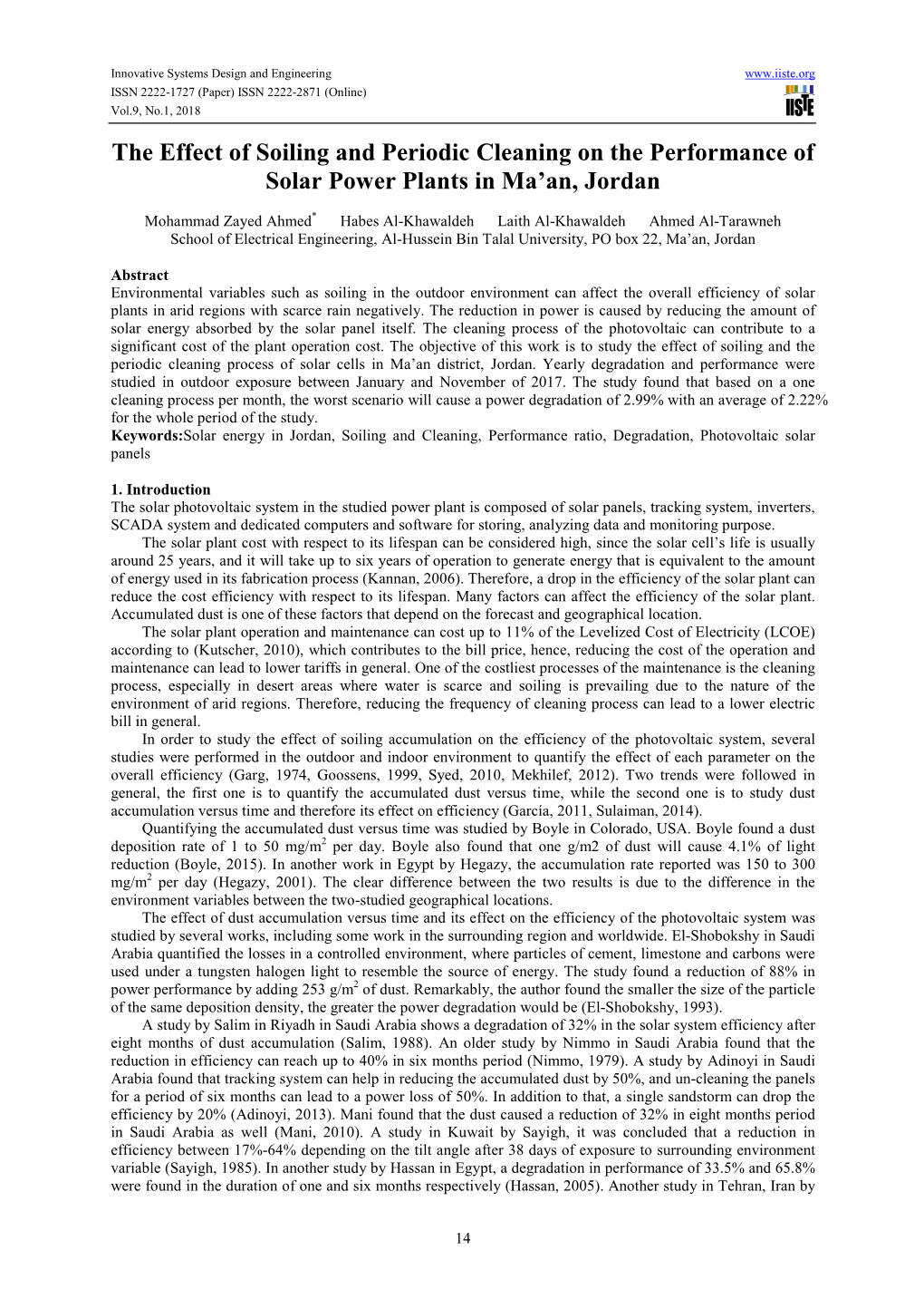 The Effect of Soiling and Periodic Cleaning on the Performance of Solar Power Plants in Ma’An, Jordan