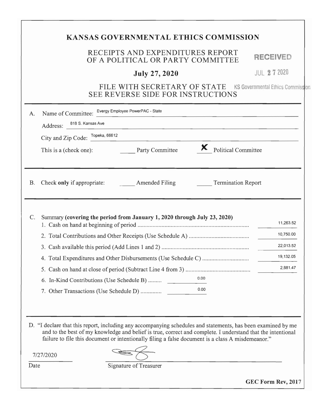 Receipts and Expenditures Report of a Political Or Party Committee See Reverse Side for Instructions