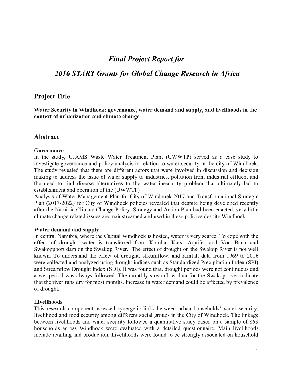 Final Project Report for 2016 START Grants for Global Change Research in Africa