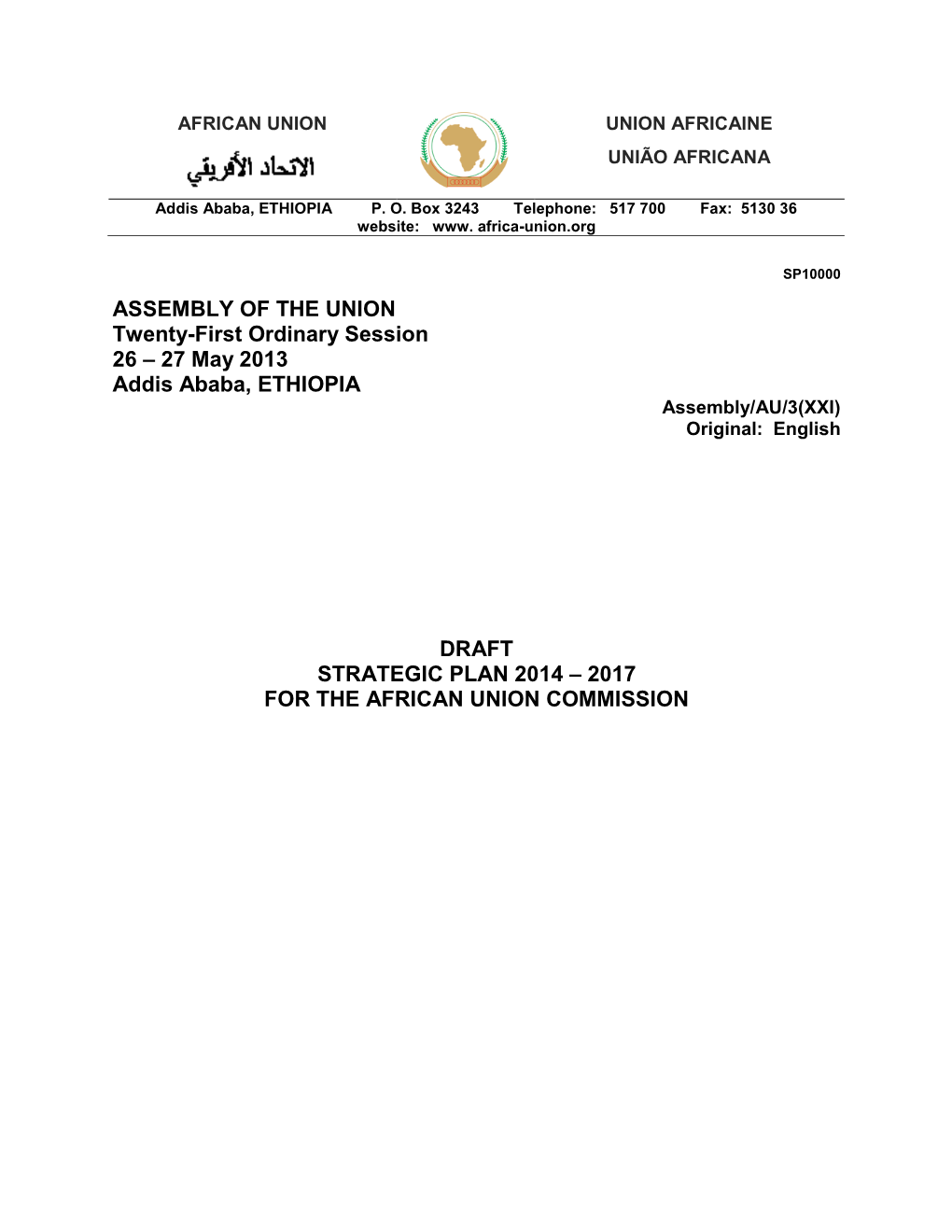 Draft Strategic Plan 2014 – 2017 for the African Union Commission