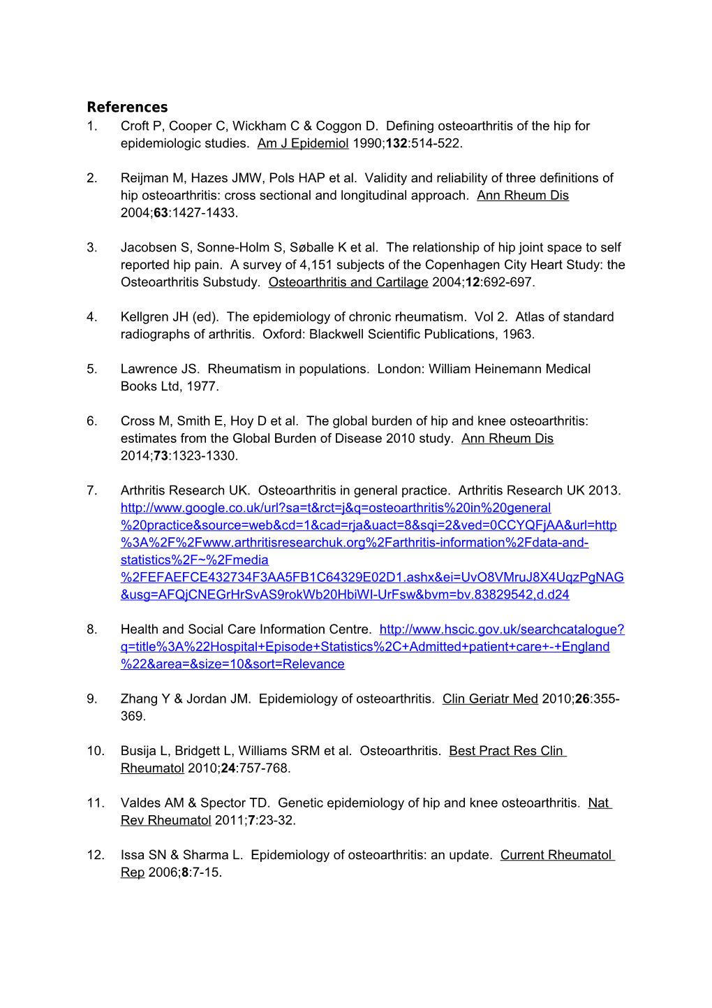 Croft P, Cooper C, Wickham C & Coggon D. Defining Osteoarthritis of the Hip for Epidemiologic