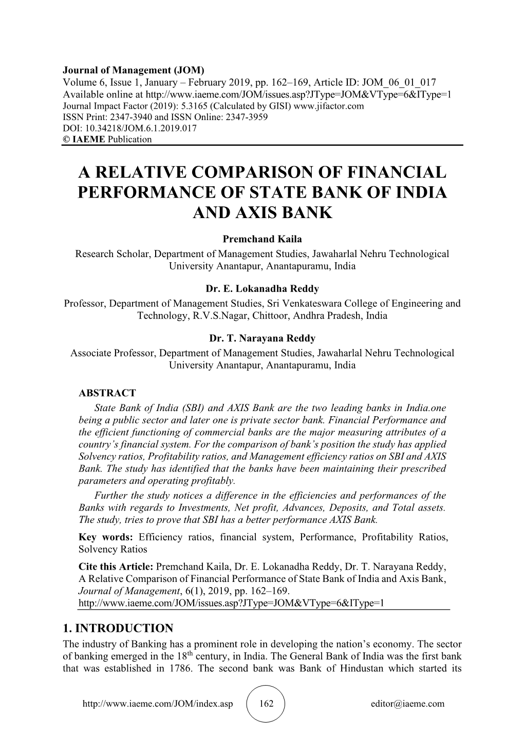 A Relative Comparison of Financial Performance of State Bank of India and Axis Bank