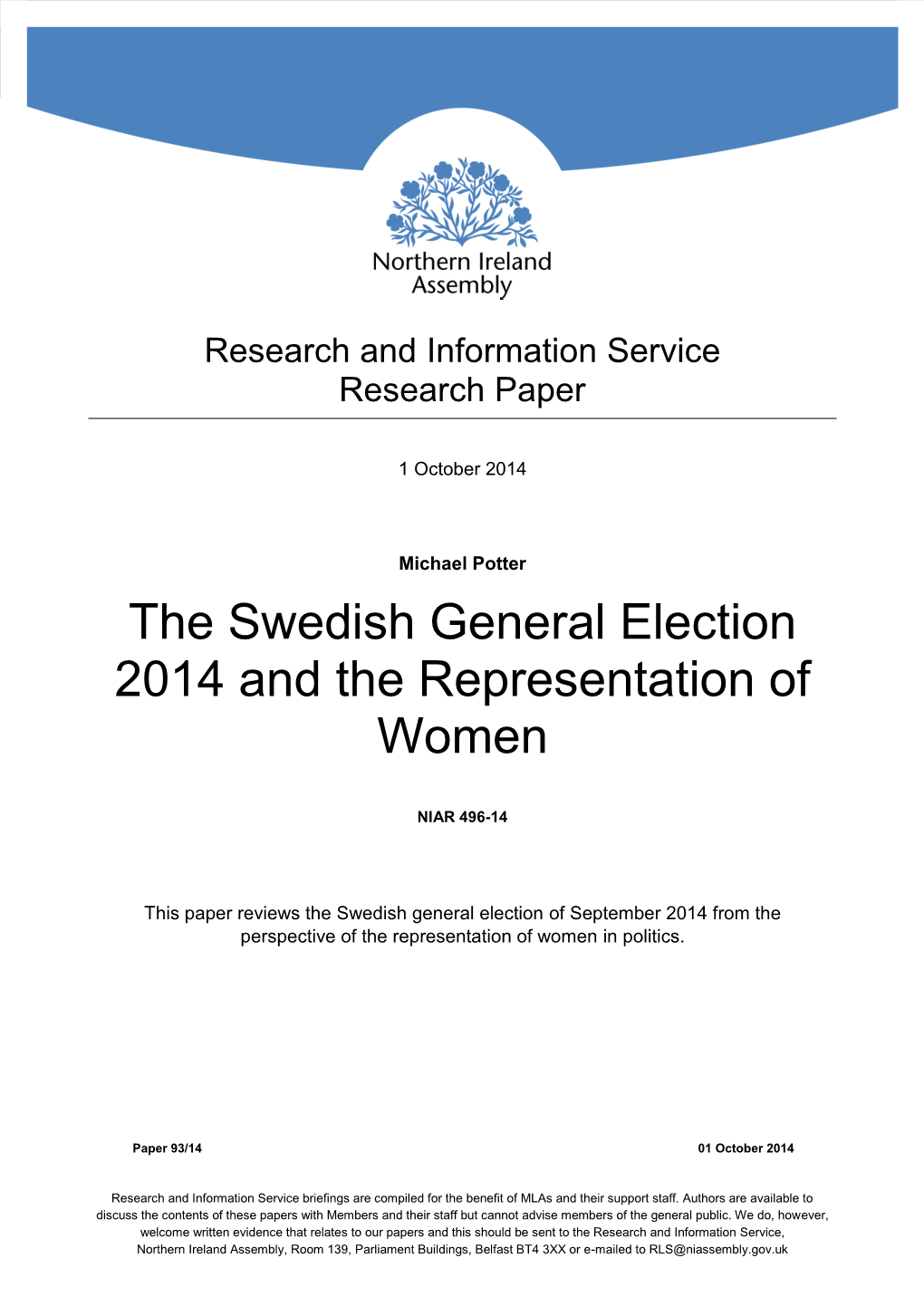 The Swedish General Election 2014 and the Representation of Women