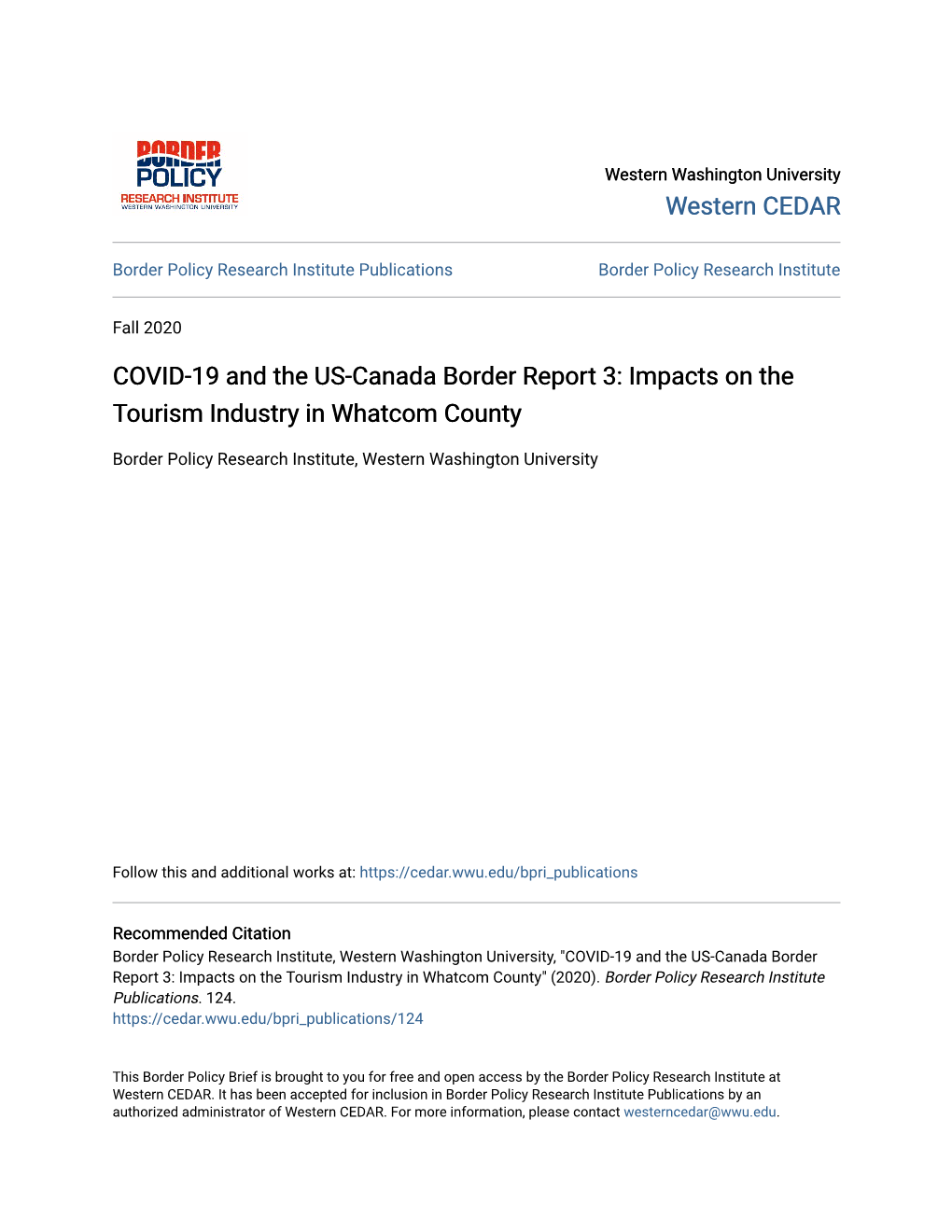 COVID-19 and the US-Canada Border Report 3: Impacts on the Tourism Industry in Whatcom County