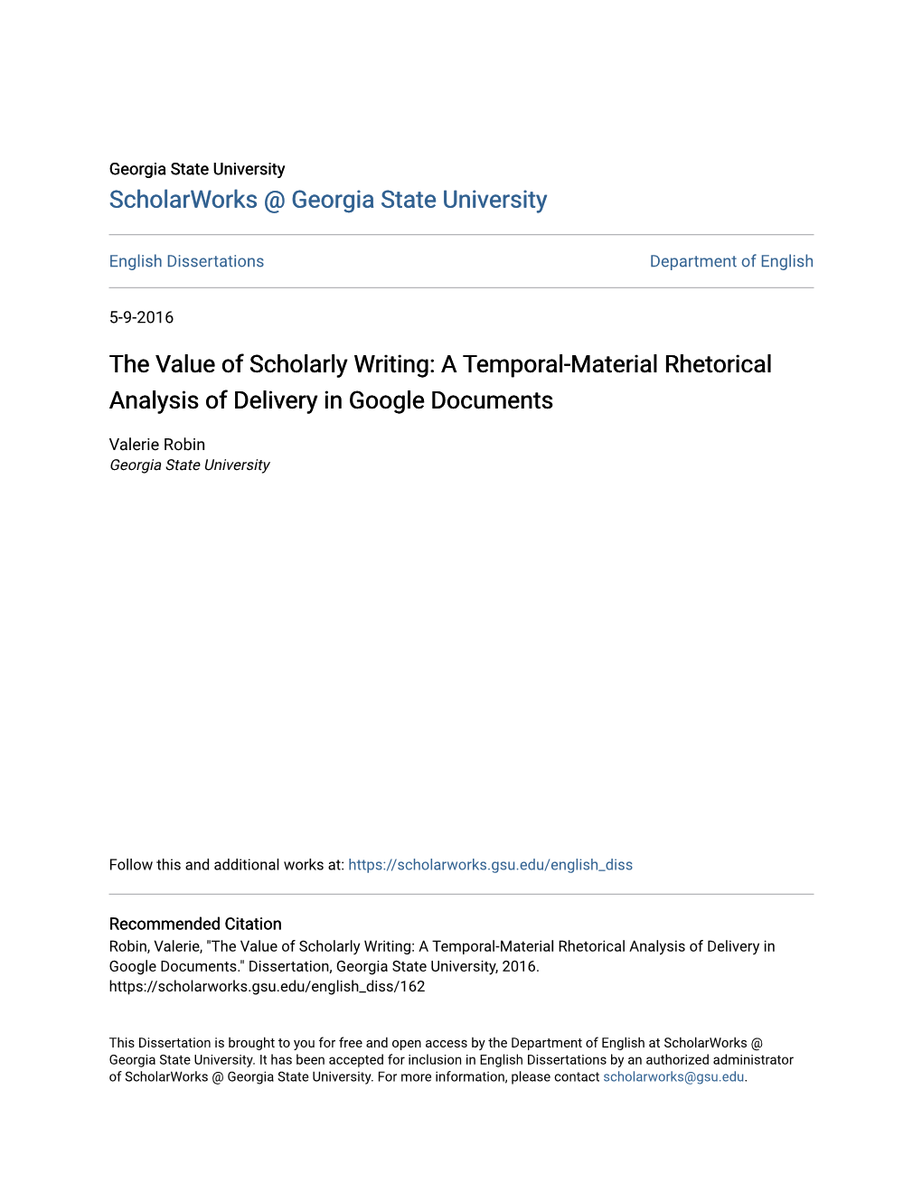 The Value of Scholarly Writing: a Temporal-Material Rhetorical Analysis of Delivery in Google Documents