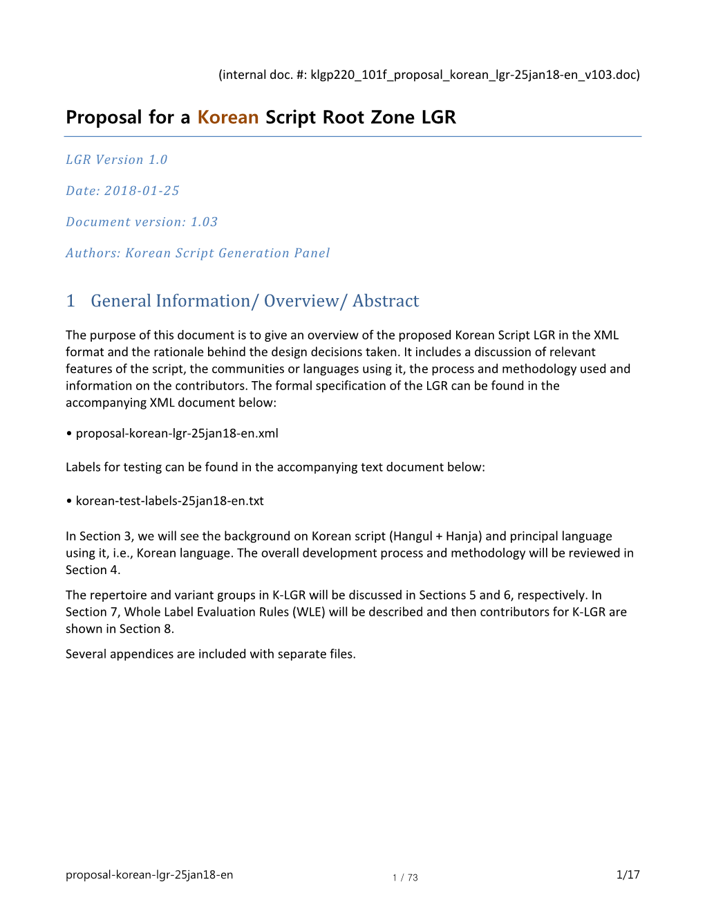 Proposal for a Korean Script Root Zone LGR 1 General Information