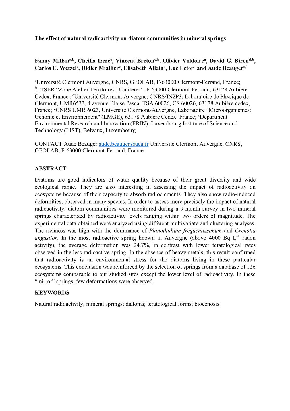 The Effect of Natural Radioactivity on Diatom Communities in Mineral Springs