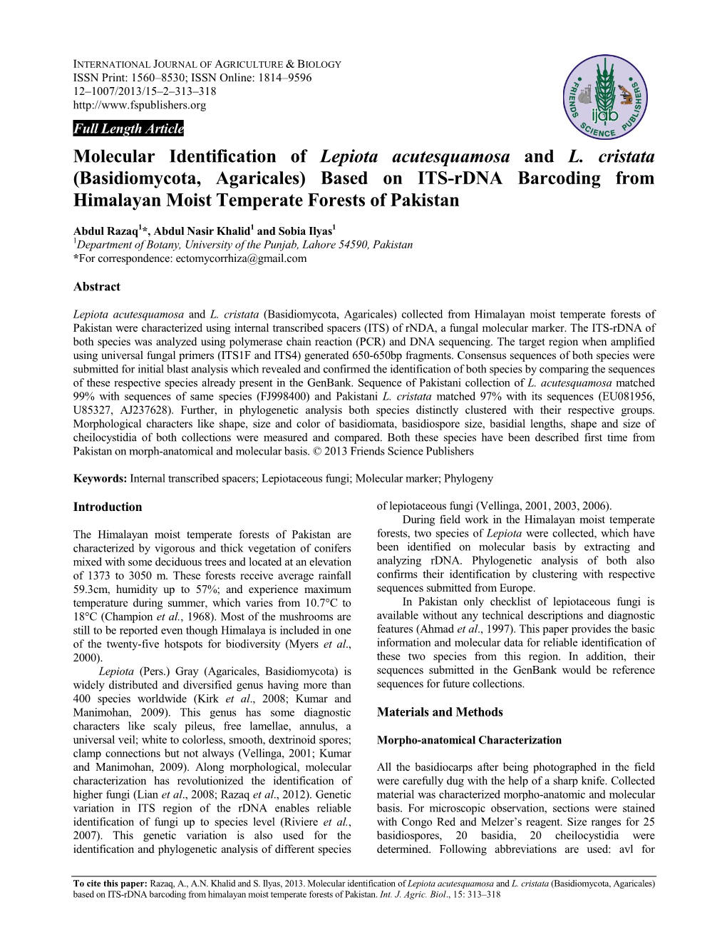 Molecular Identification of Lepiota Acutesquamosa and L. Cristata