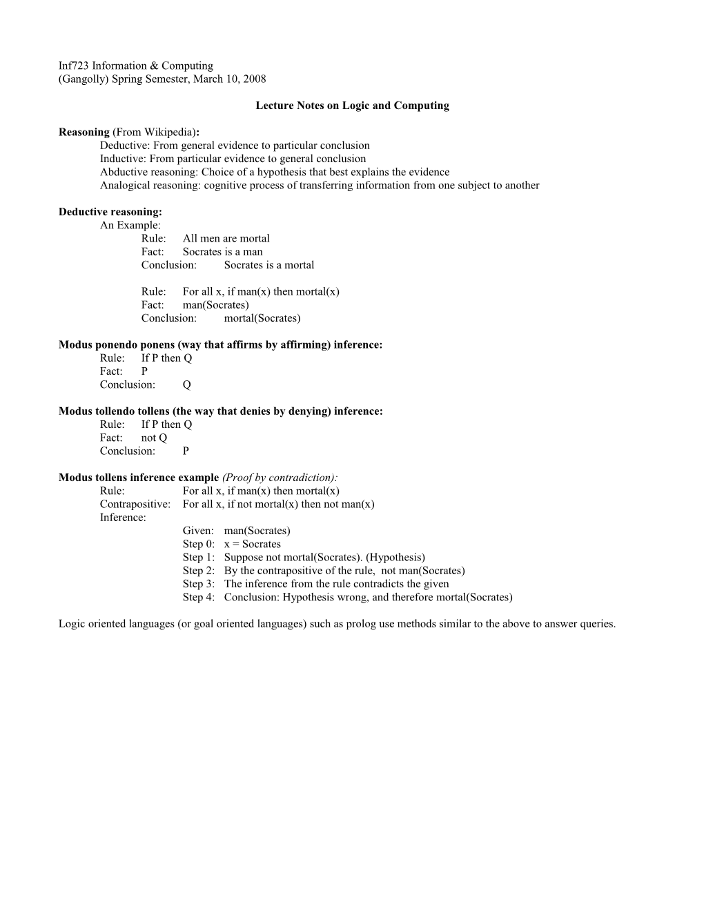 Lecture Notes on Logic and Computing