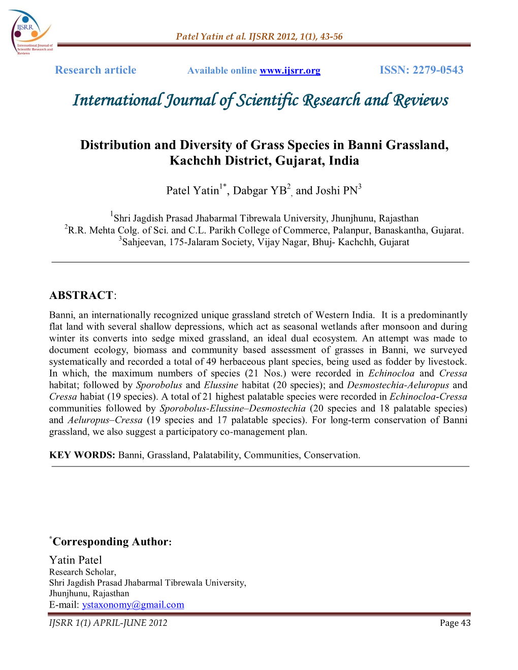 Distribution and Diversity of Grass Species in Banni Grassland, Kachchh District, Gujarat, India