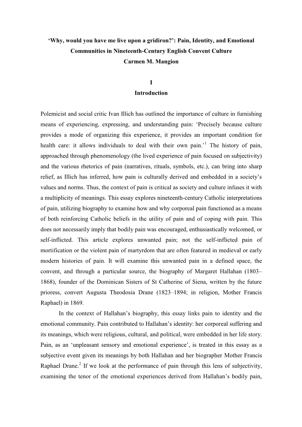 Pain, Identity, and Emotional Communities in Nineteenth-Century English Convent Culture Carmen M