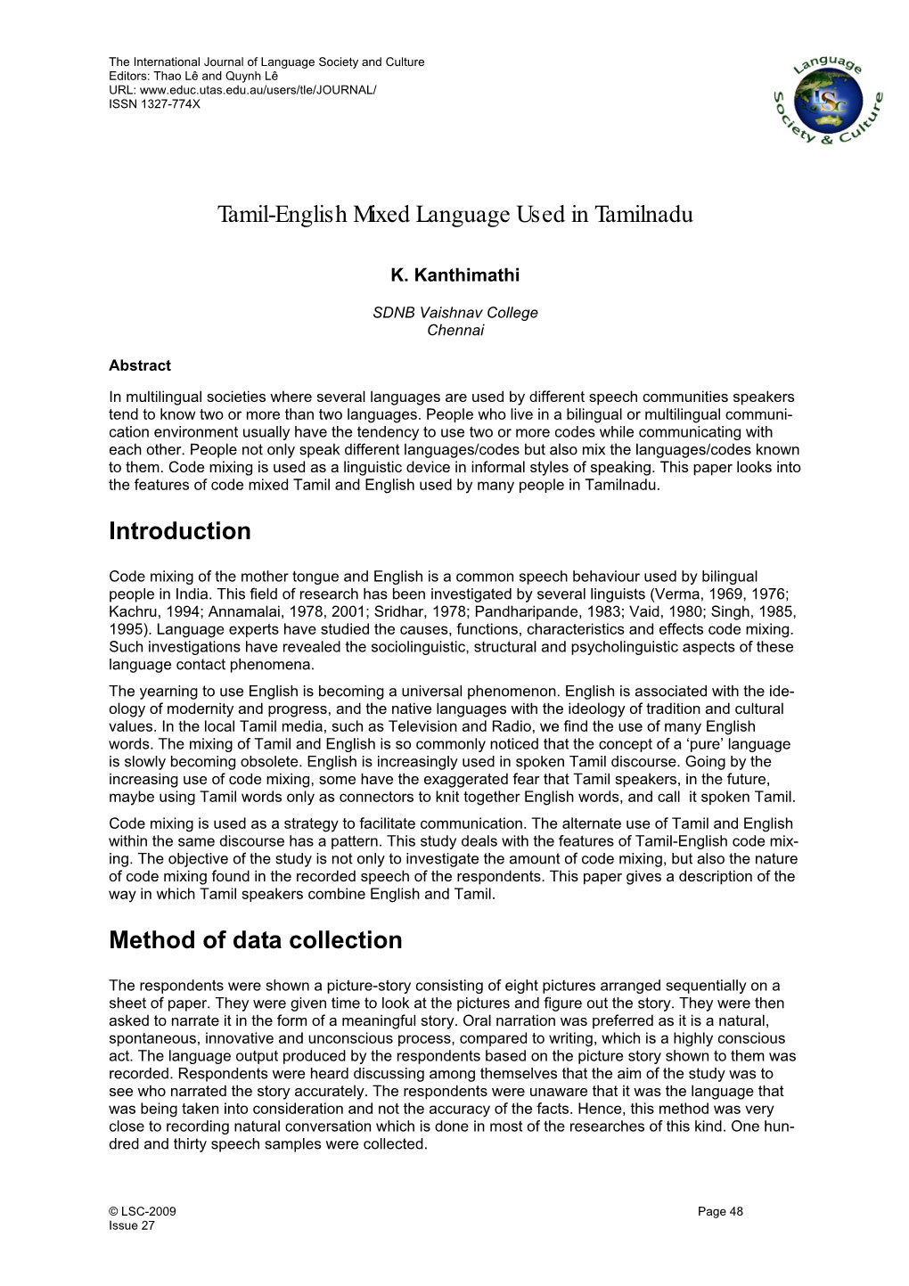 Tamil-English Mixed Language Used in Tamilnadu