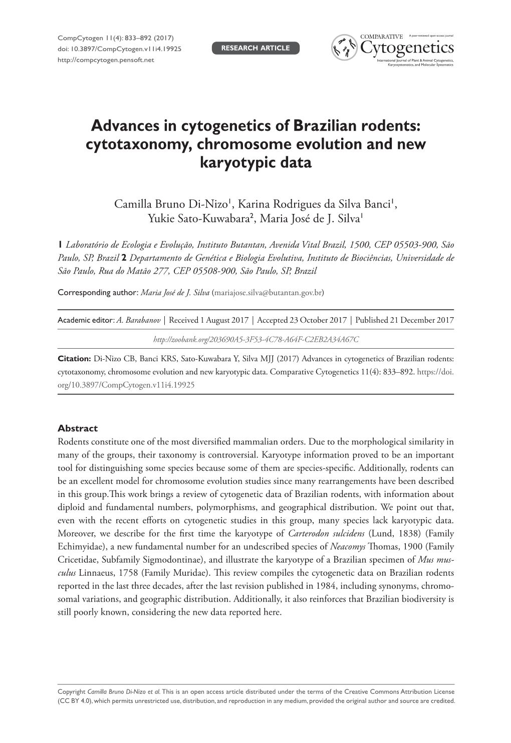 Advances in Cytogenetics of Brazilian Rodents: Cytotaxonomy, Chromosome Evolution and New Karyotypic Data