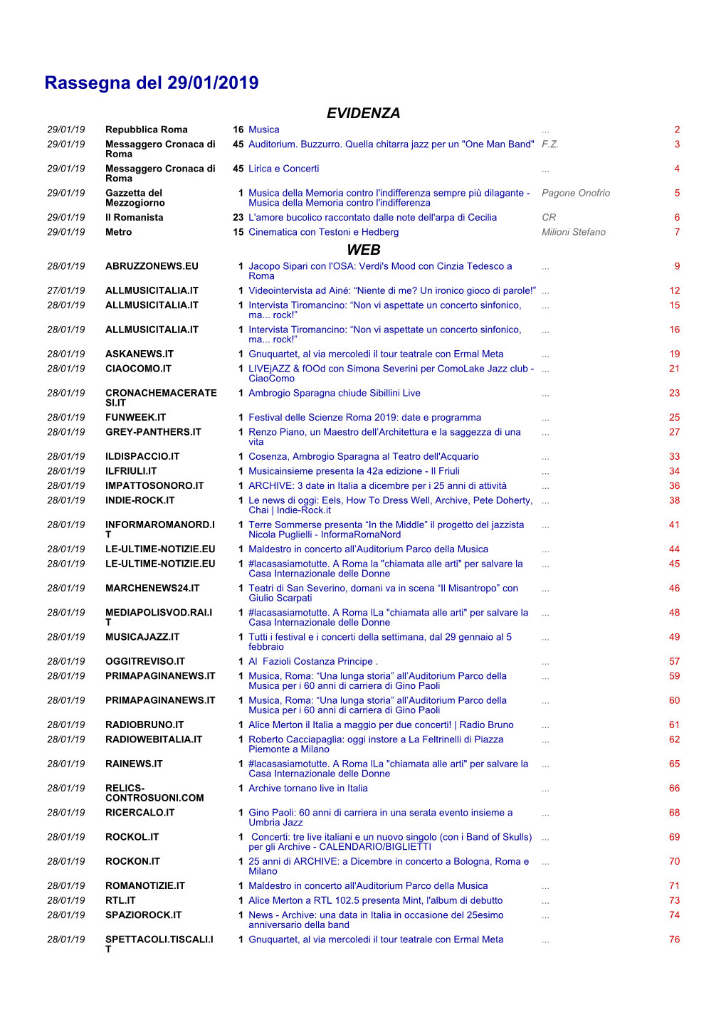 Rassegna Del 29/01/2019