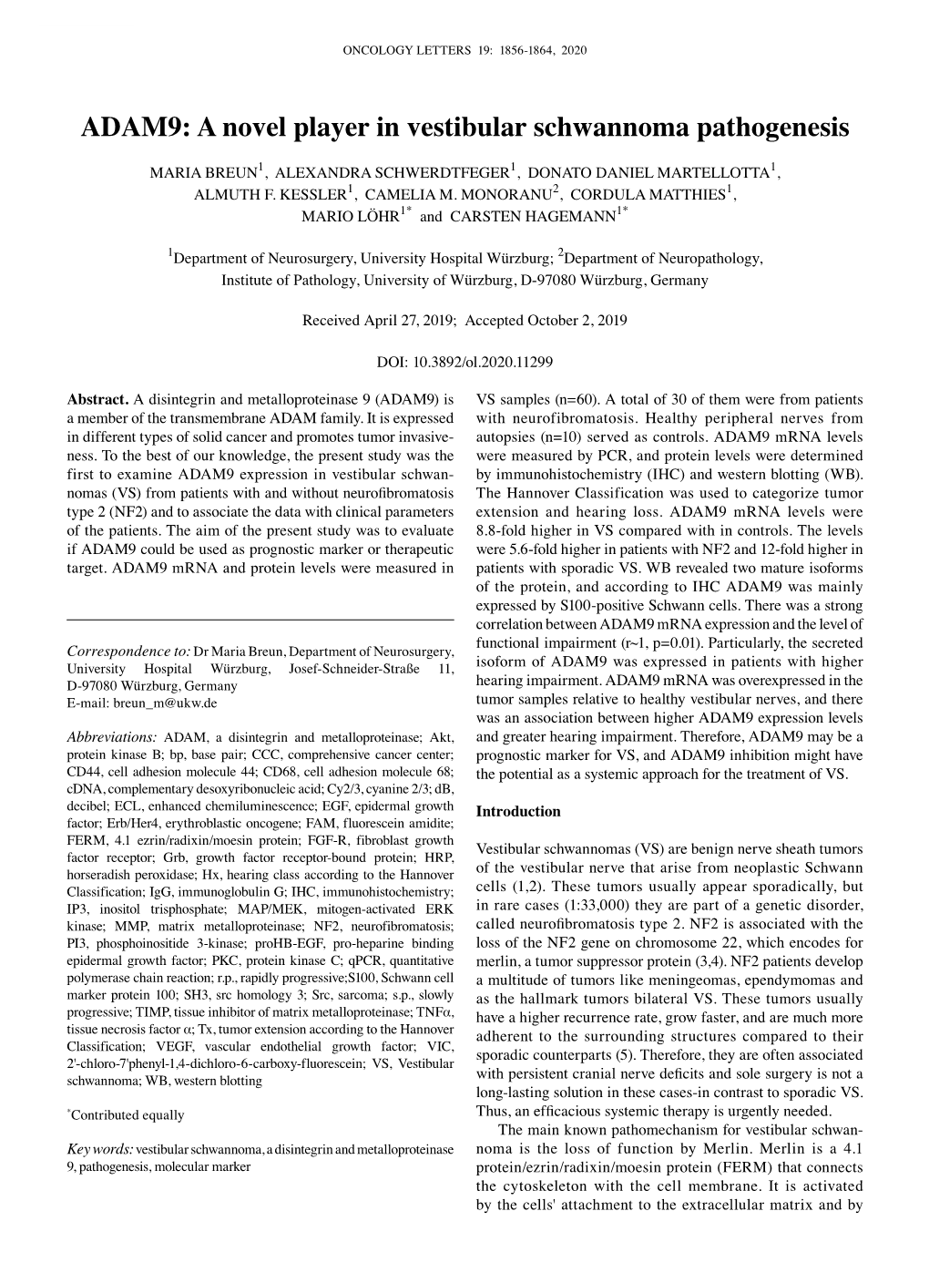 ADAM9: a Novel Player in Vestibular Schwannoma Pathogenesis