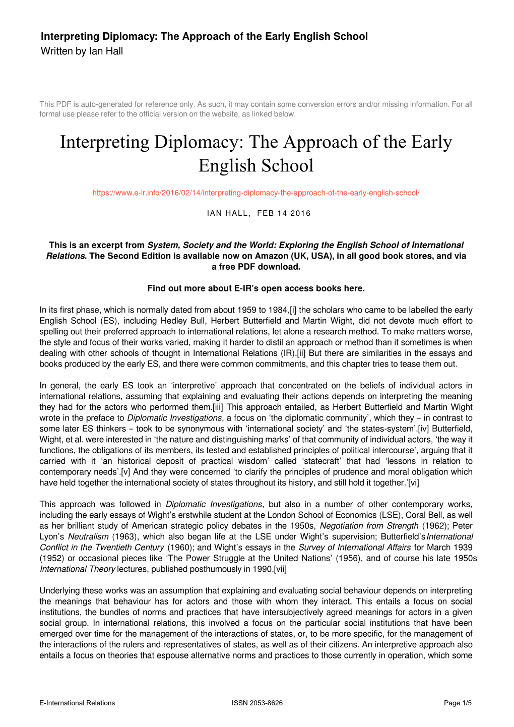 Interpreting Diplomacy: the Approach of the Early English School Written by Ian Hall