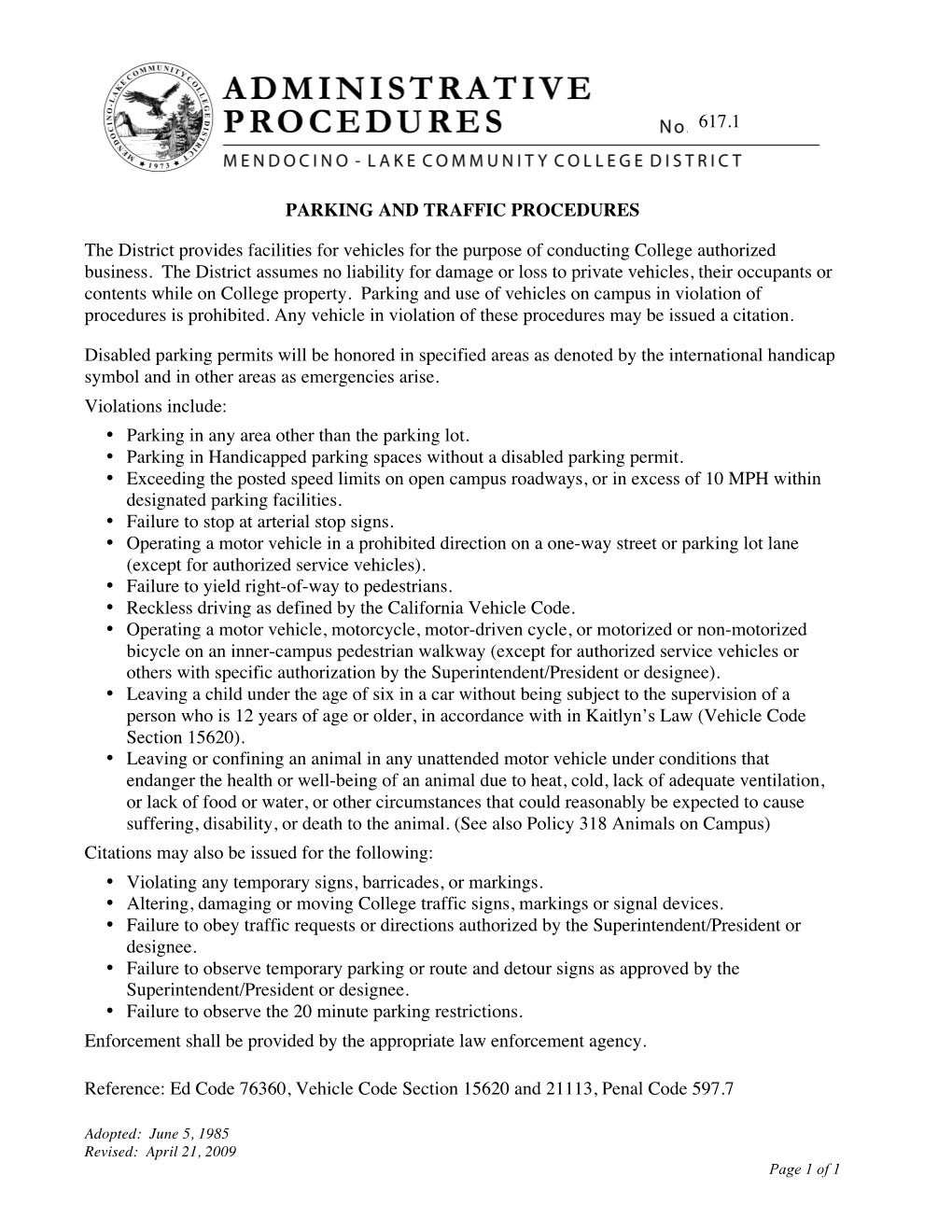 PARKING and TRAFFIC PROCEDURES the District