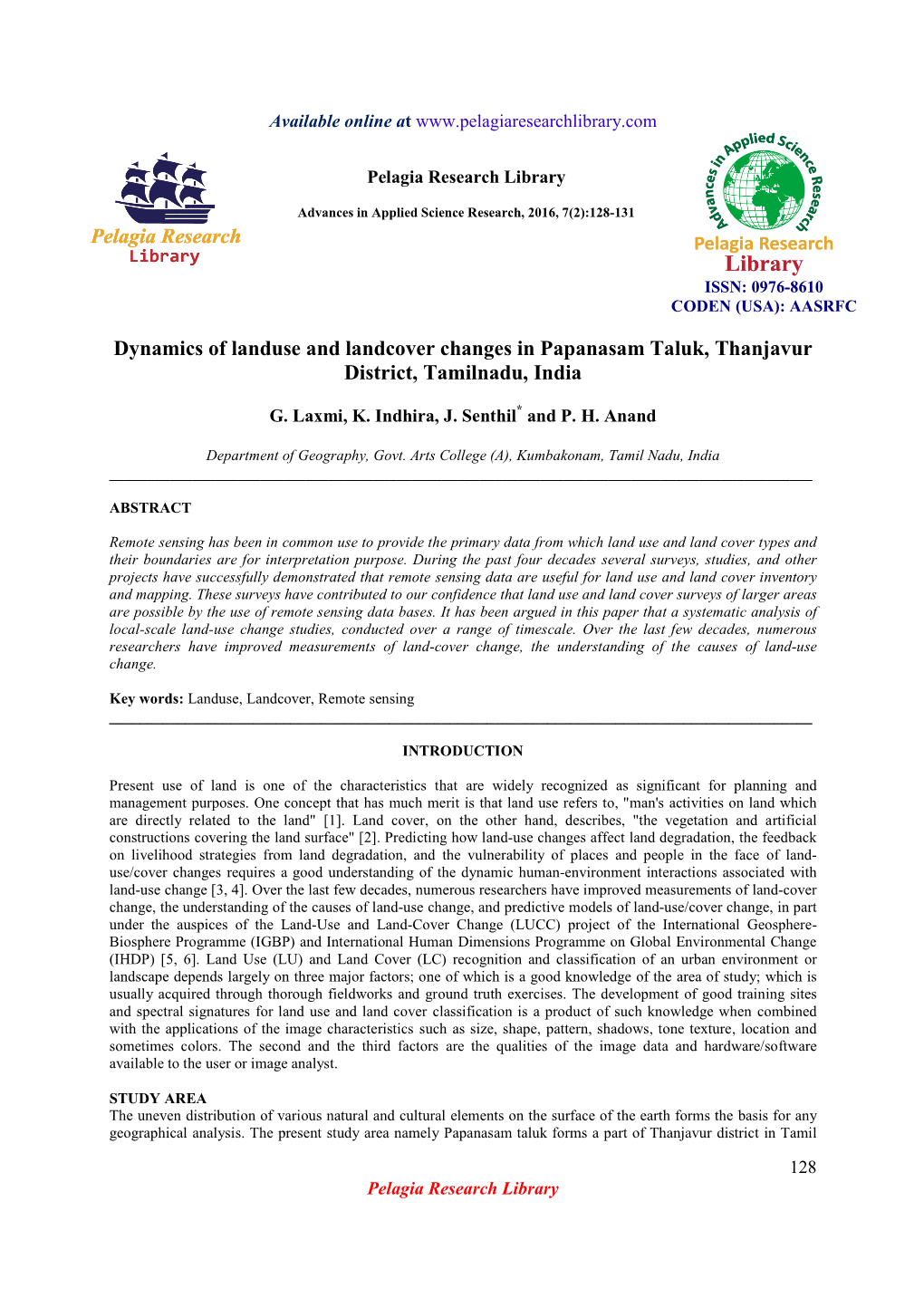 Dynamics of Landuse and Landcover Changes in Papanasam Taluk, Thanjavur District, Tamilnadu, India
