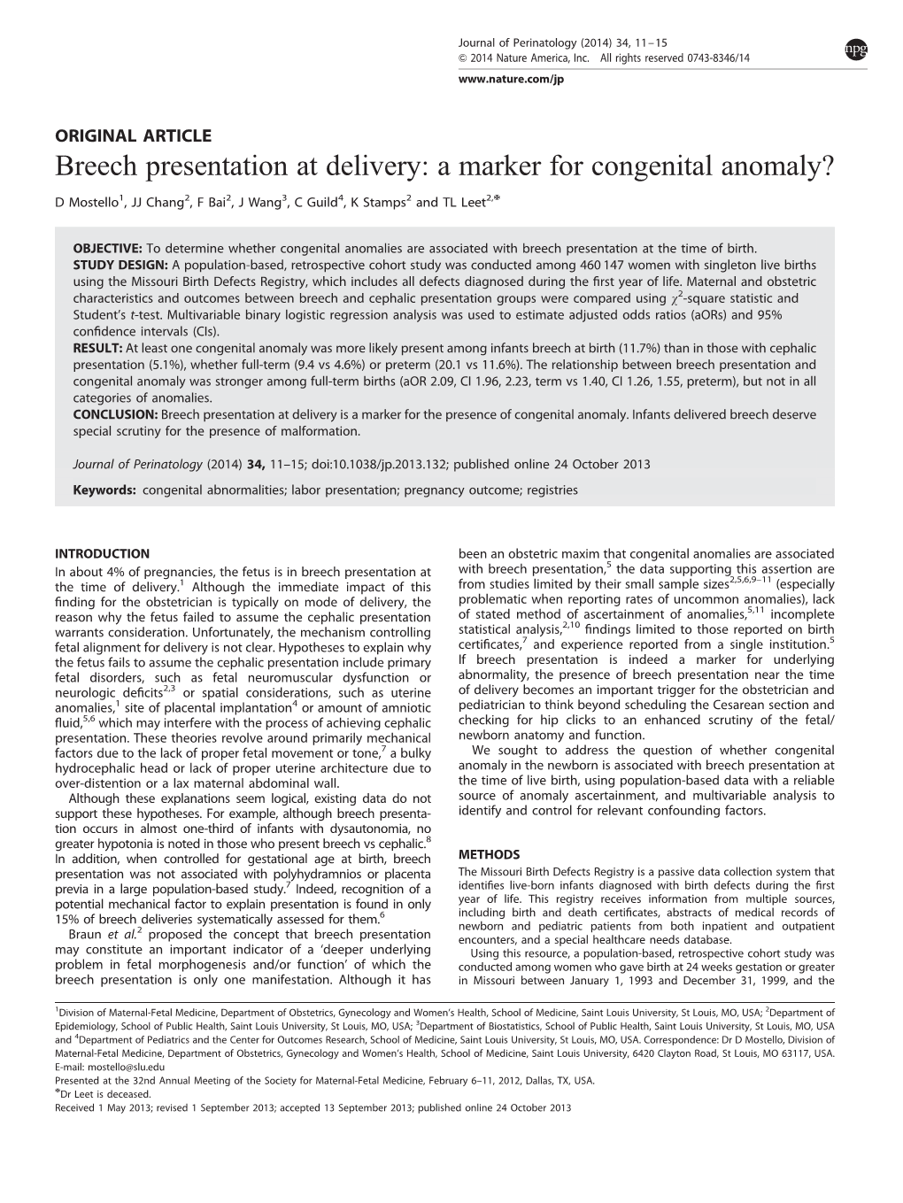 Breech Presentation at Delivery: a Marker for Congenital Anomaly?