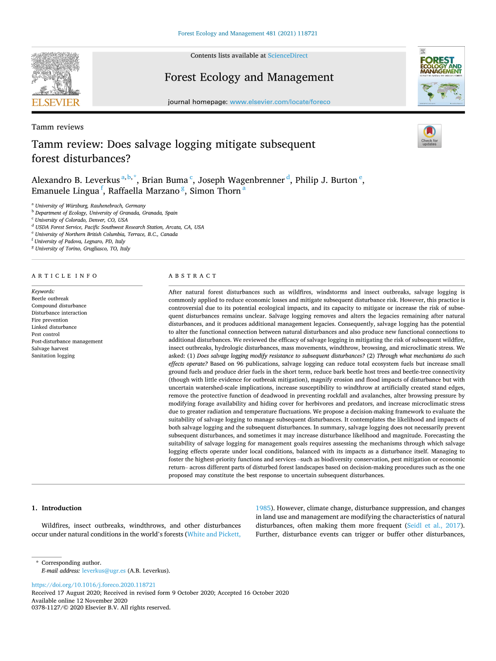 Tamm Review: Does Salvage Logging Mitigate Subsequent Forest Disturbances?