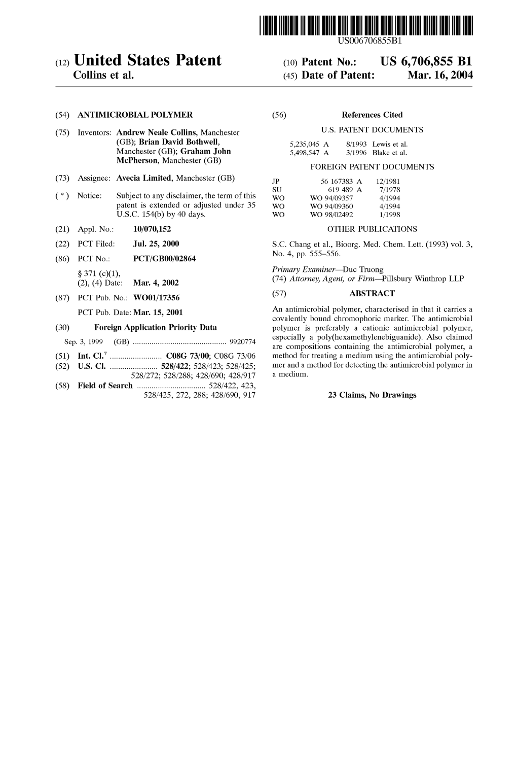 (12) United States Patent (10) Patent No.: US 6,706,855 B1 Collins Et Al