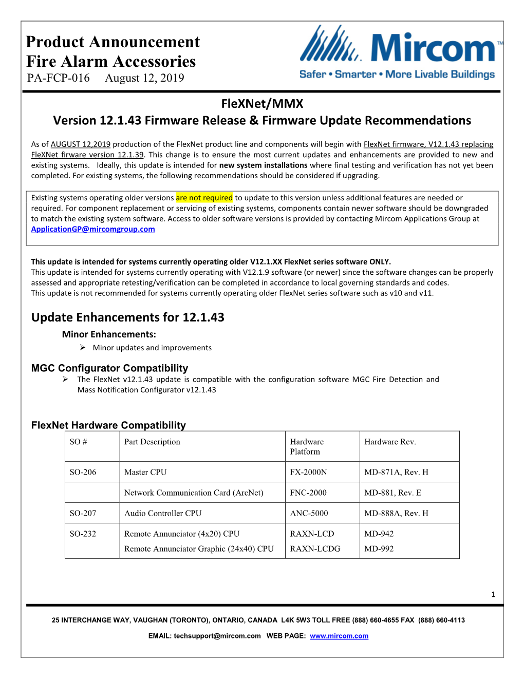 Product Announcement Fire Alarm Accessories PA-FCP-016 August 12, 2019