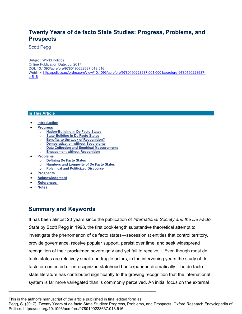 Twenty Years of De Facto State Studies: Progress, Problems, and Prospects Scott Pegg