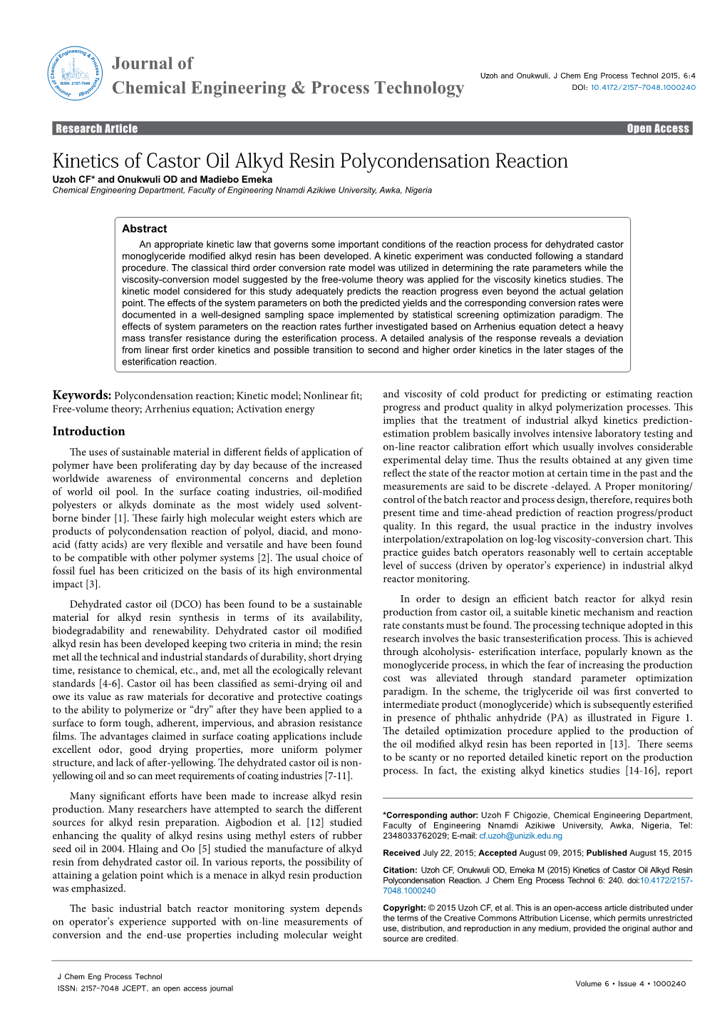 Kinetics of Castor Oil Alkyd Resin Polycondensation Reaction