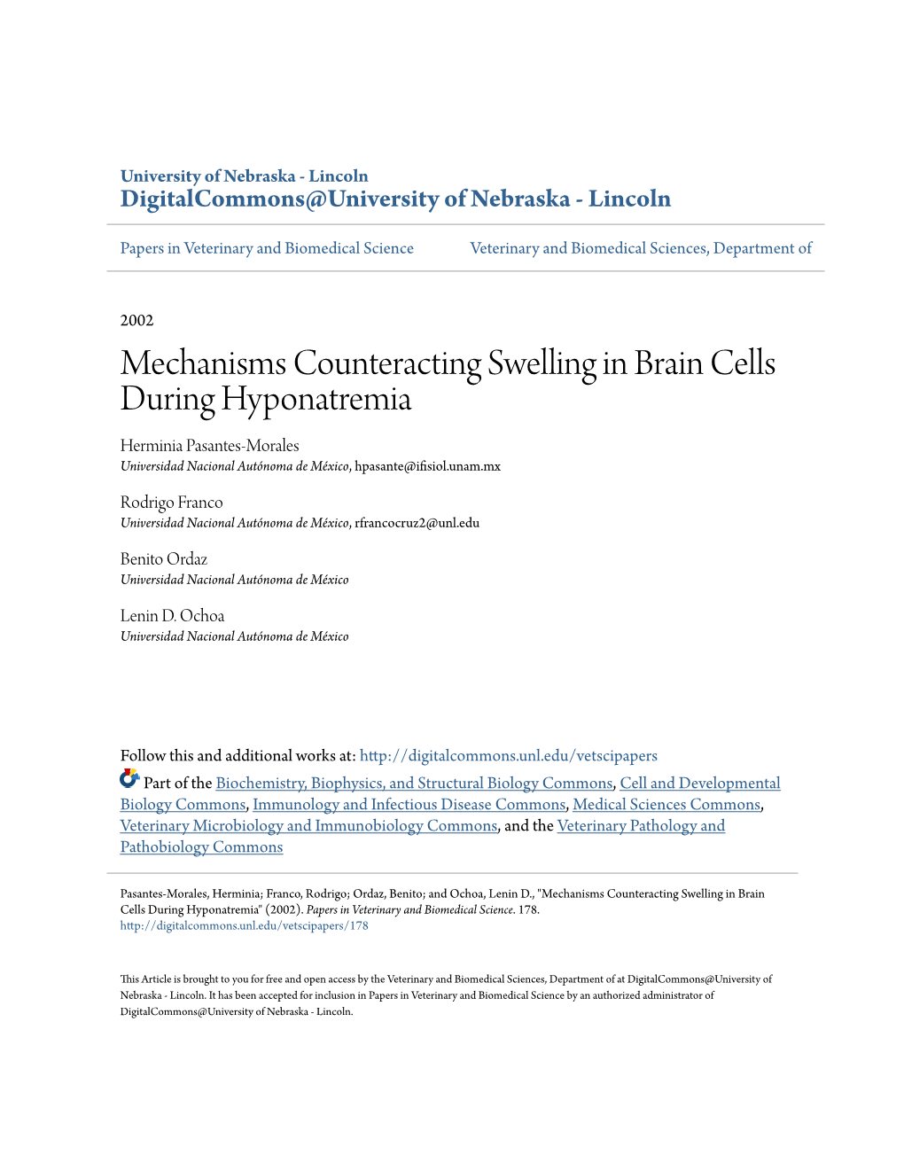 Mechanisms Counteracting Swelling in Brain Cells During Hyponatremia Herminia Pasantes-Morales Universidad Nacional Autónoma De México, Hpasante@Ifisiol.Unam.Mx