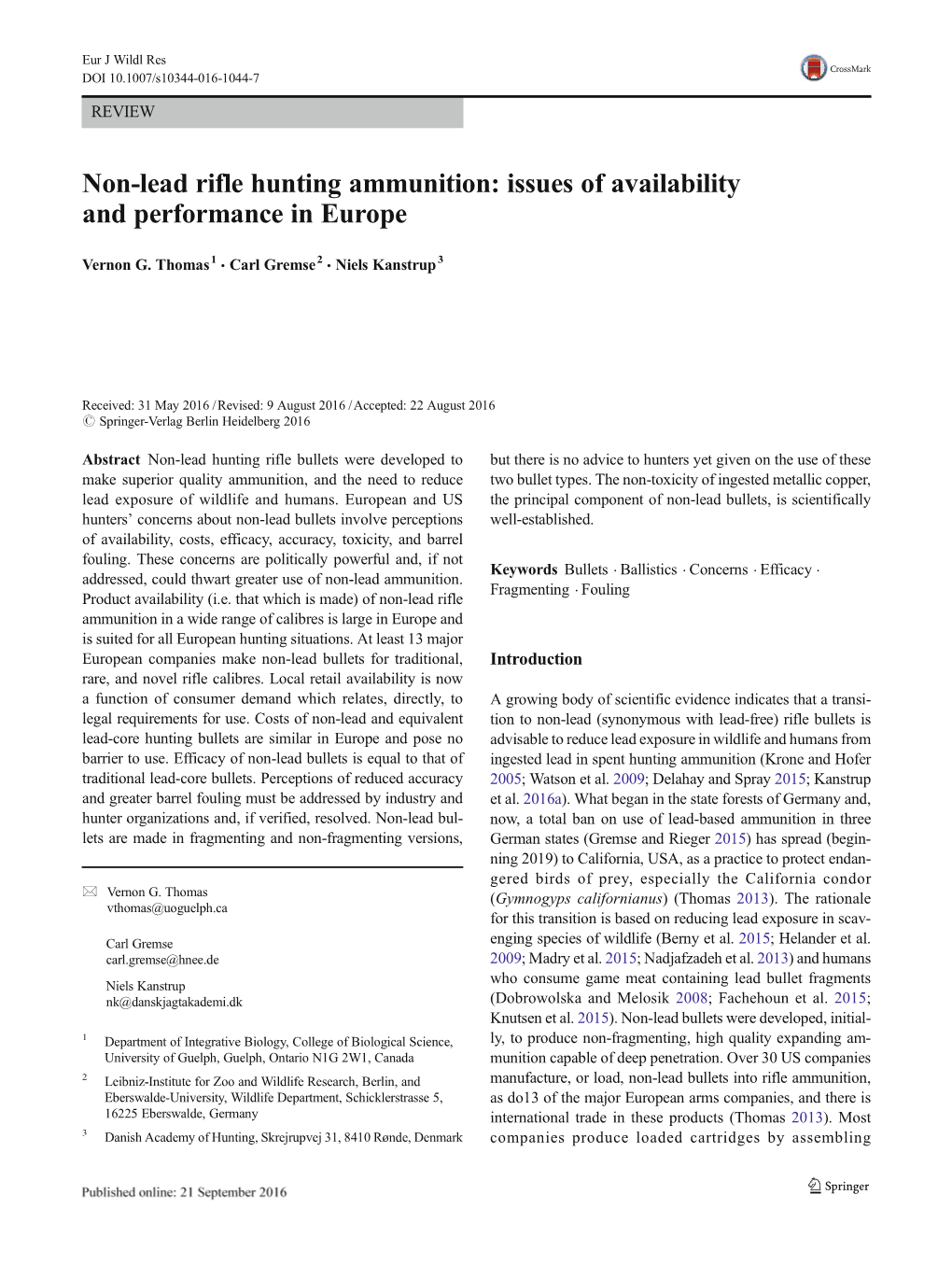 Non-Lead Rifle Hunting Ammunition: Issues of Availability and Performance in Europe