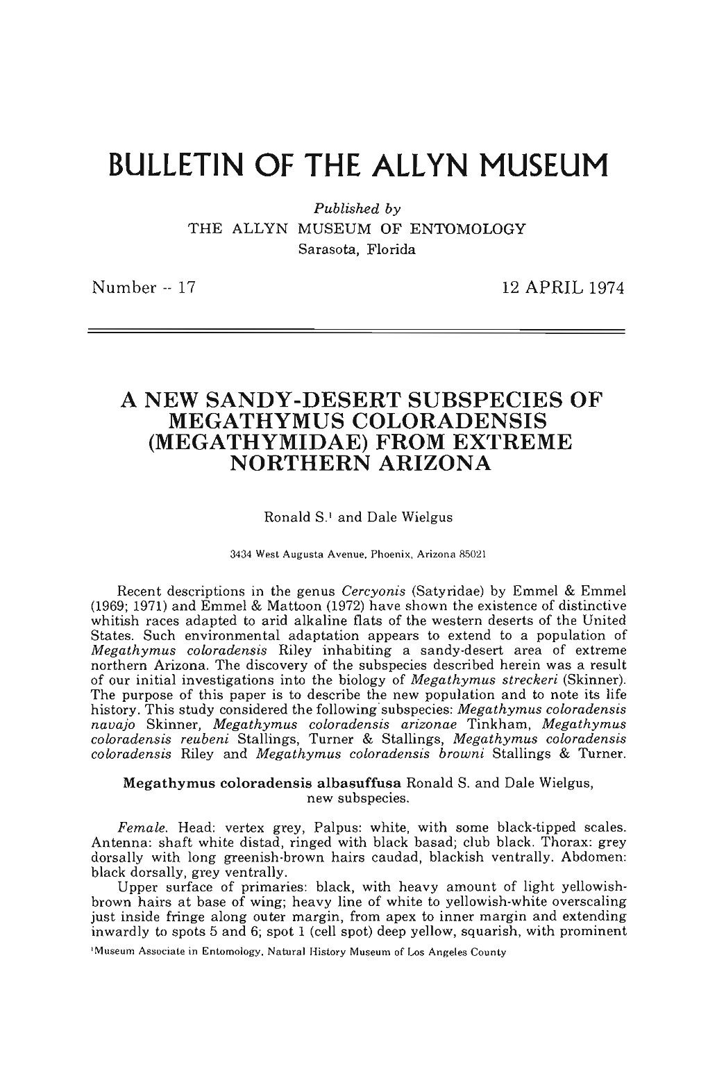 A New Sandy-Desert Subspecies of Megathymus Coloradensis (Megathymidae) from Extreme Northern Arizona