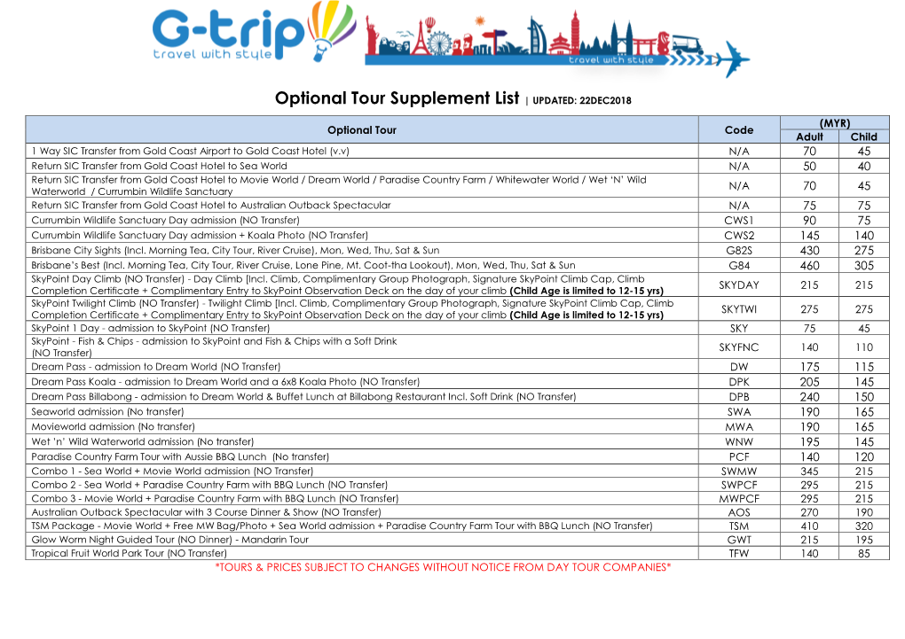 Optional Tour Supplement List | UPDATED: 22DEC2018