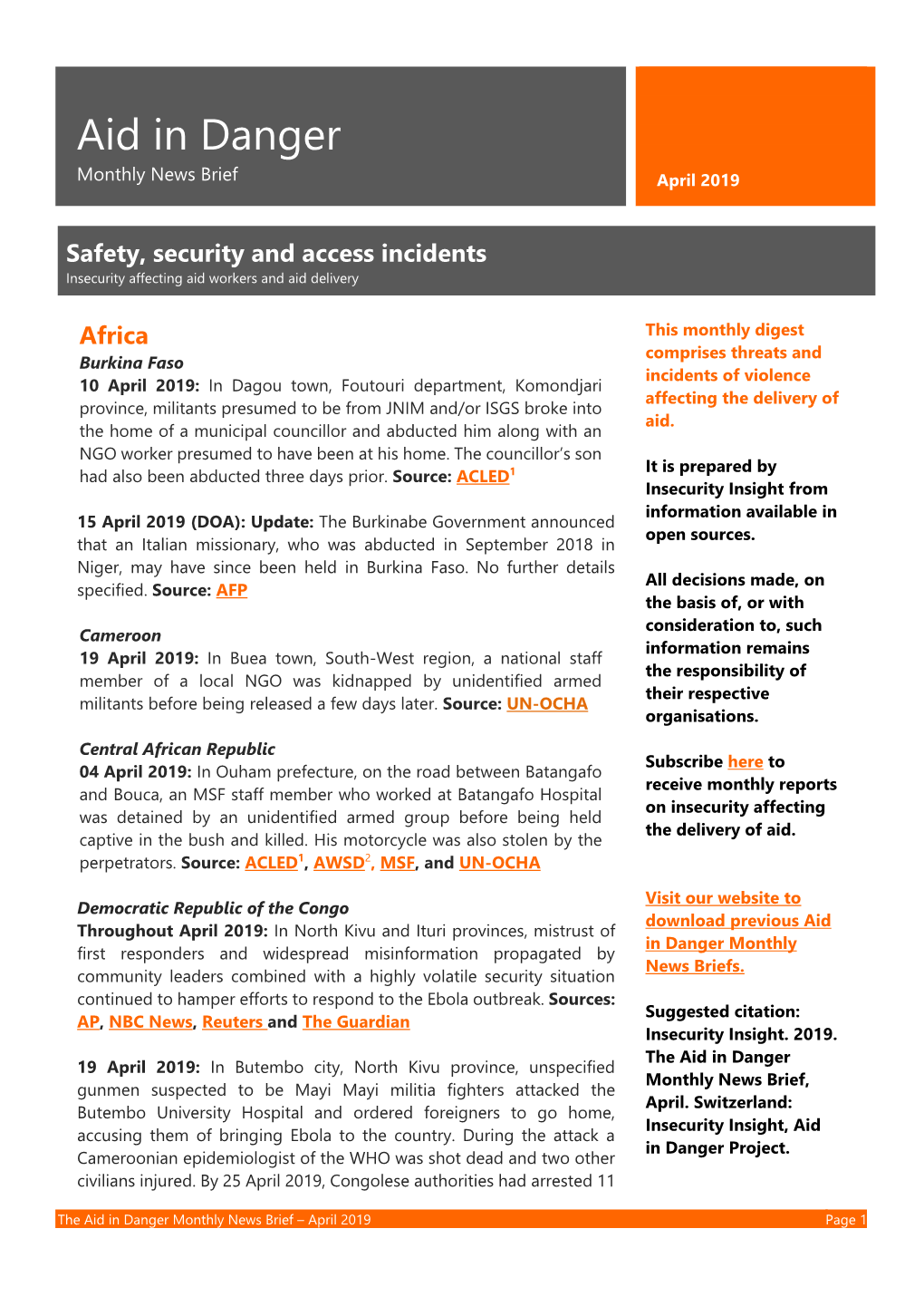 The Aid in Danger Monthly News Brief – April 2019 Page 1