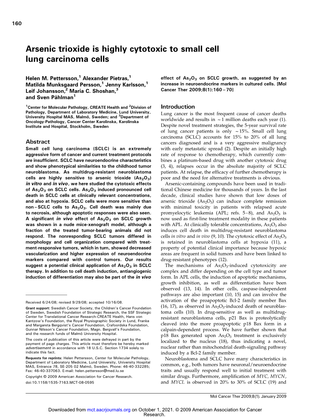 Arsenic Trioxide Is Highly Cytotoxic to Small Cell Lung Carcinoma Cells