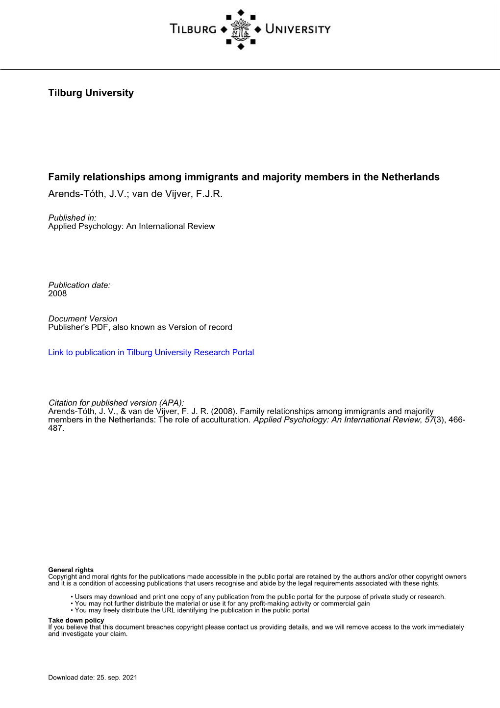 Tilburg University Family Relationships Among Immigrants and Majority