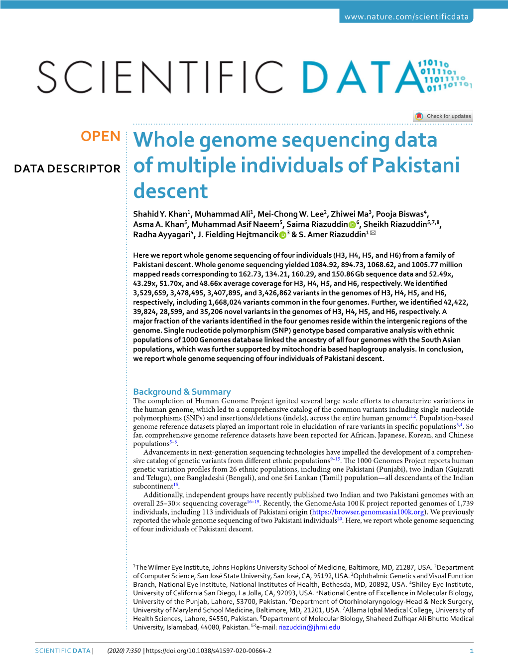 Whole Genome Sequencing Data of Multiple Individuals of Pakistani