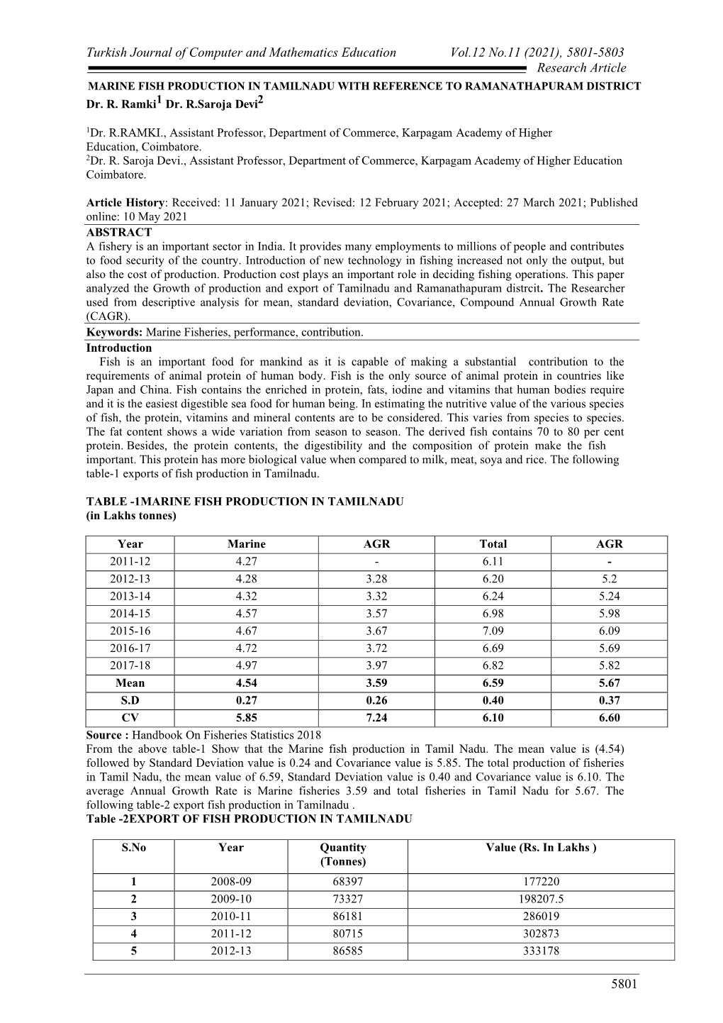 Marine Fish Production in Tamilnadu with Reference to Amanathapuram