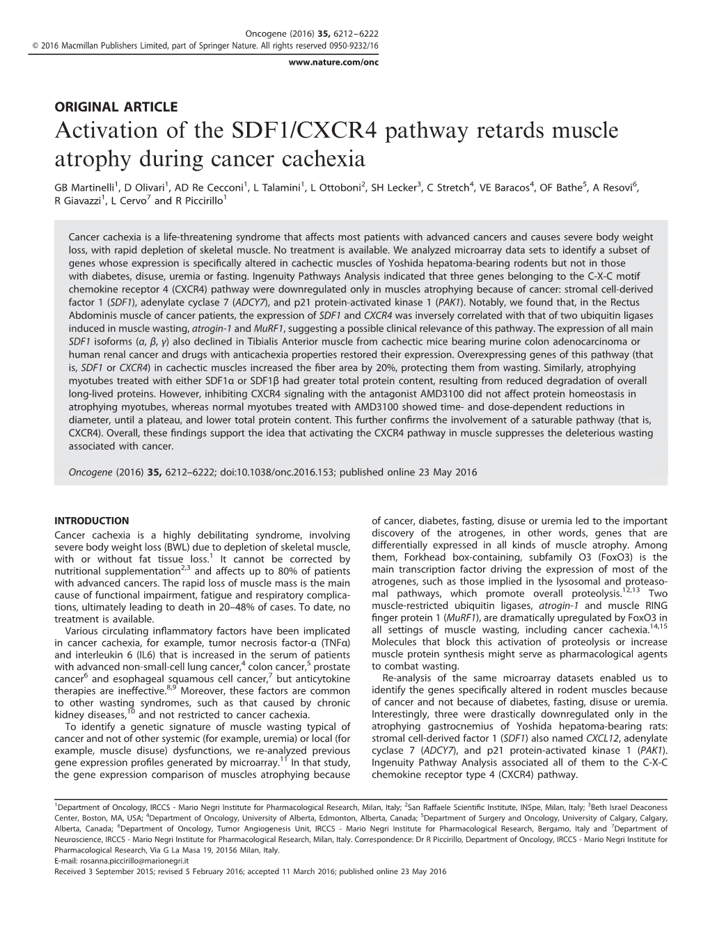 CXCR4 Pathway Retards Muscle Atrophy During Cancer Cachexia