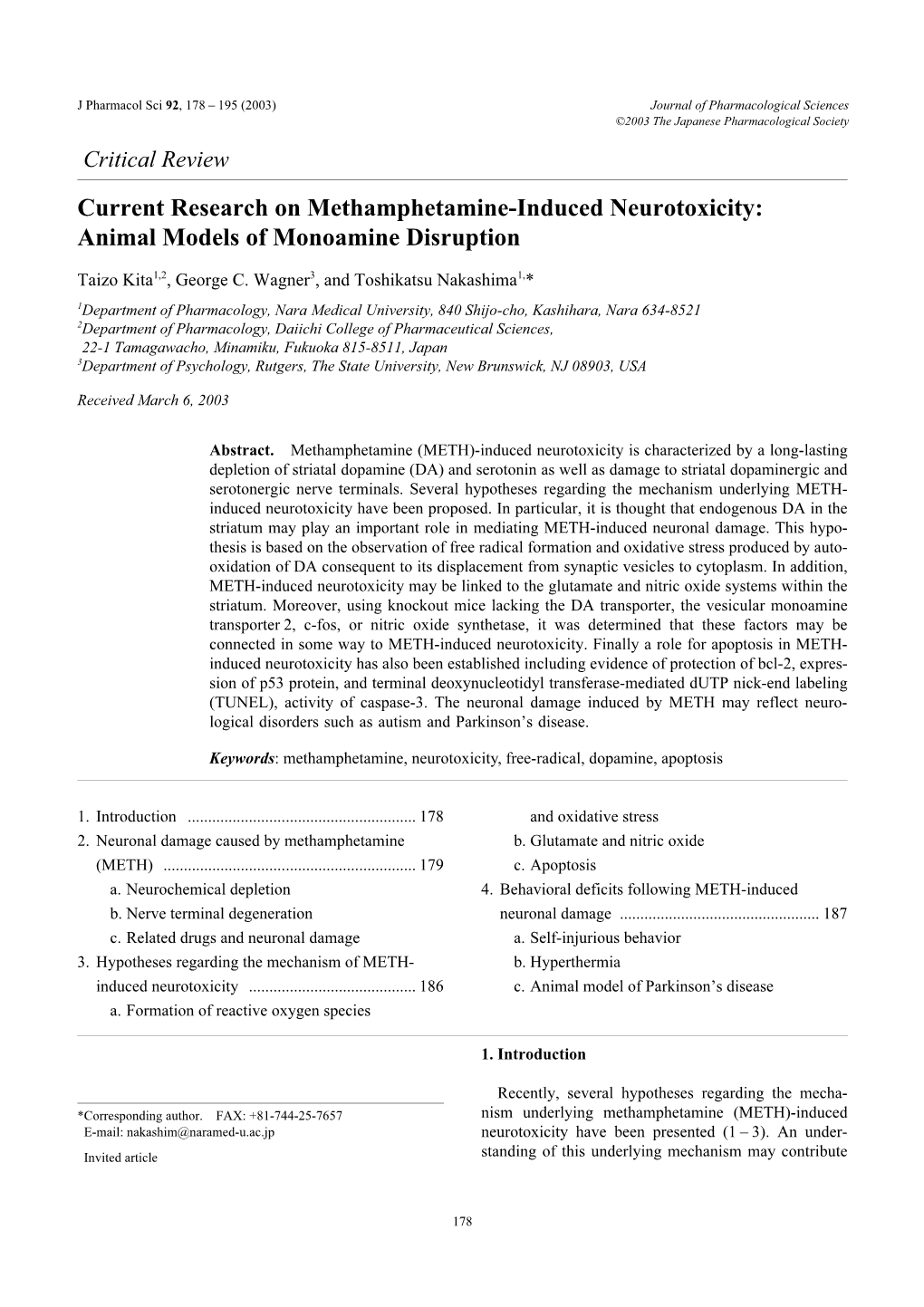 Current Research on Methamphetamine-Induced Neurotoxicity: Animal Models of Monoamine Disruption